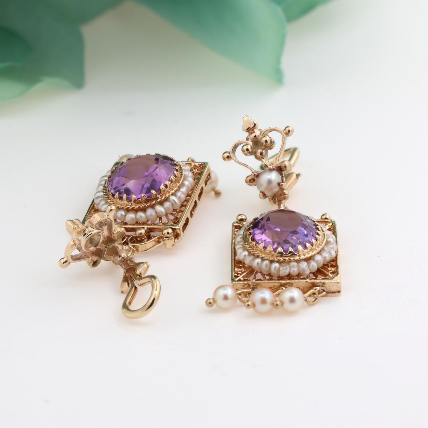 Vintage Amethyst Pearl Filigree Dangle Earrings 14K Yellow Gold 1.65"