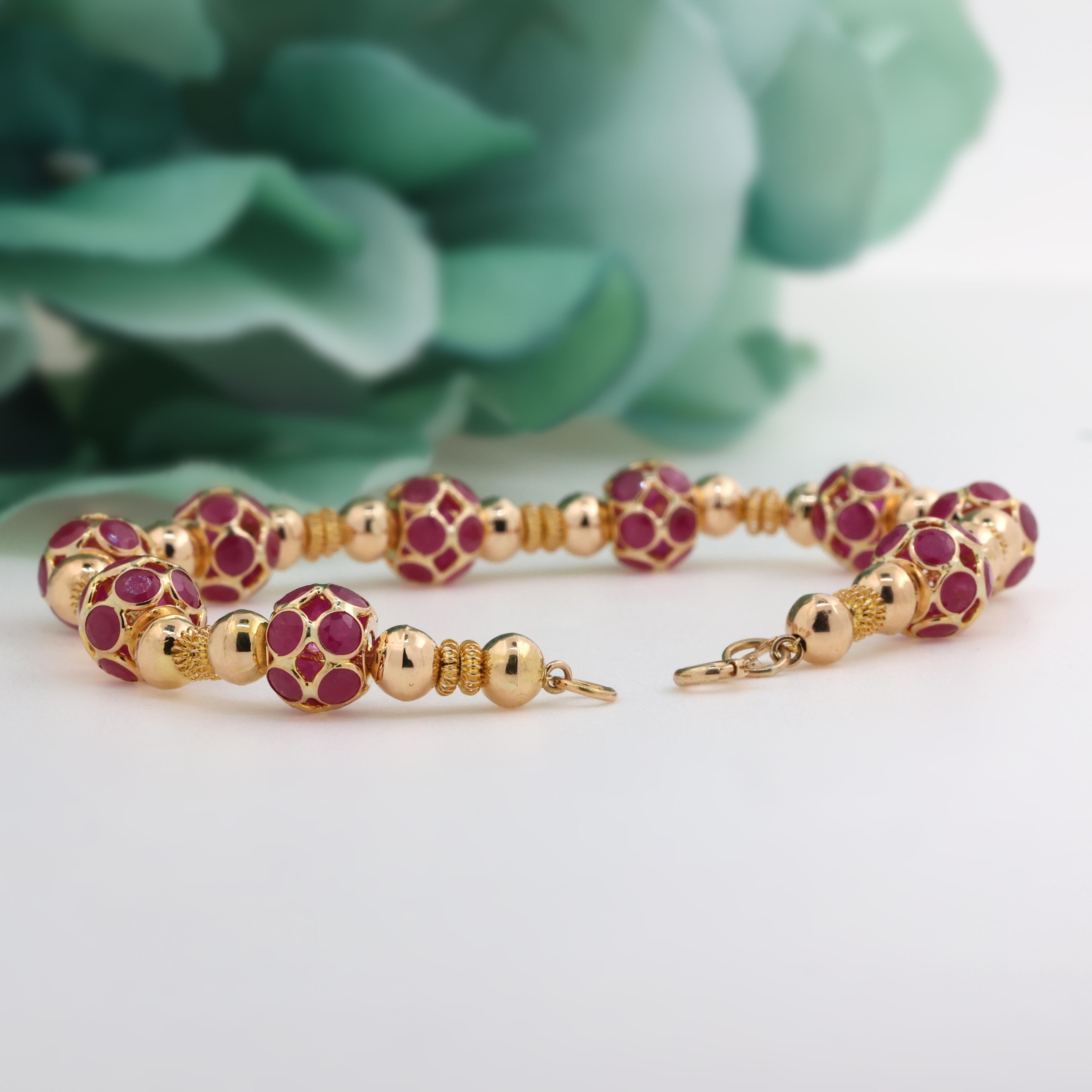 Ruby Ball Bead Bracelet 18K Yellow Gold 18.20 CTW 7.25" Ladies Estate