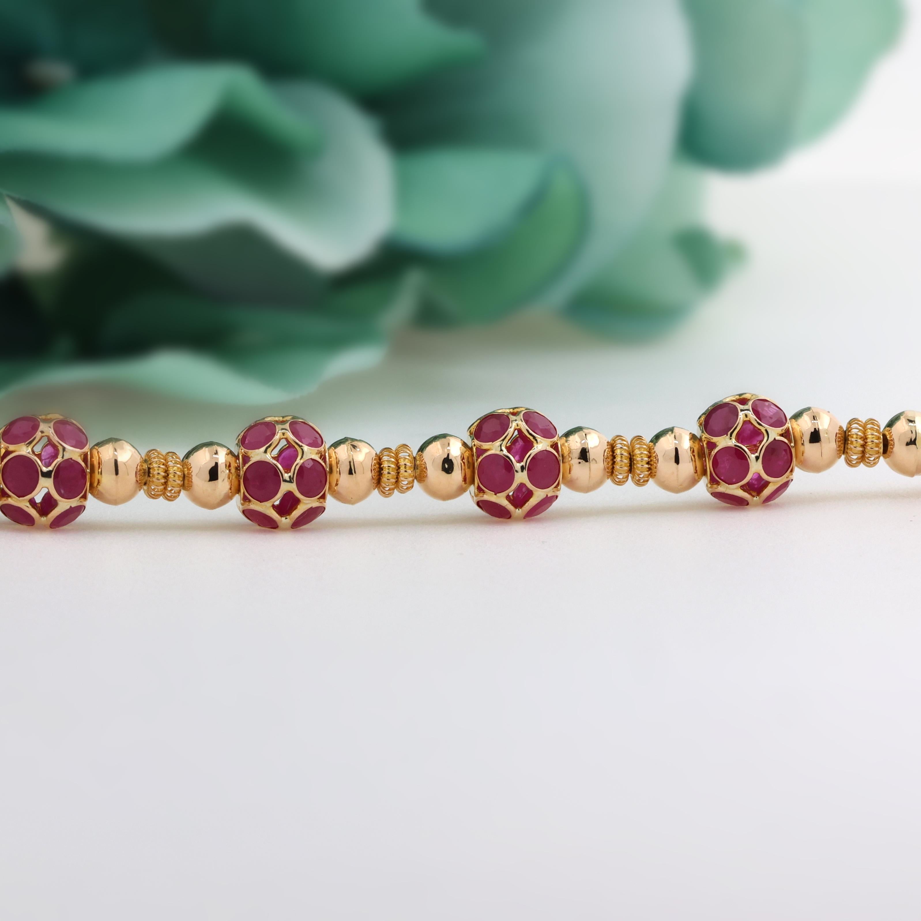 Ruby Ball Bead Bracelet 18K Yellow Gold 18.20 CTW 7.25" Ladies Estate