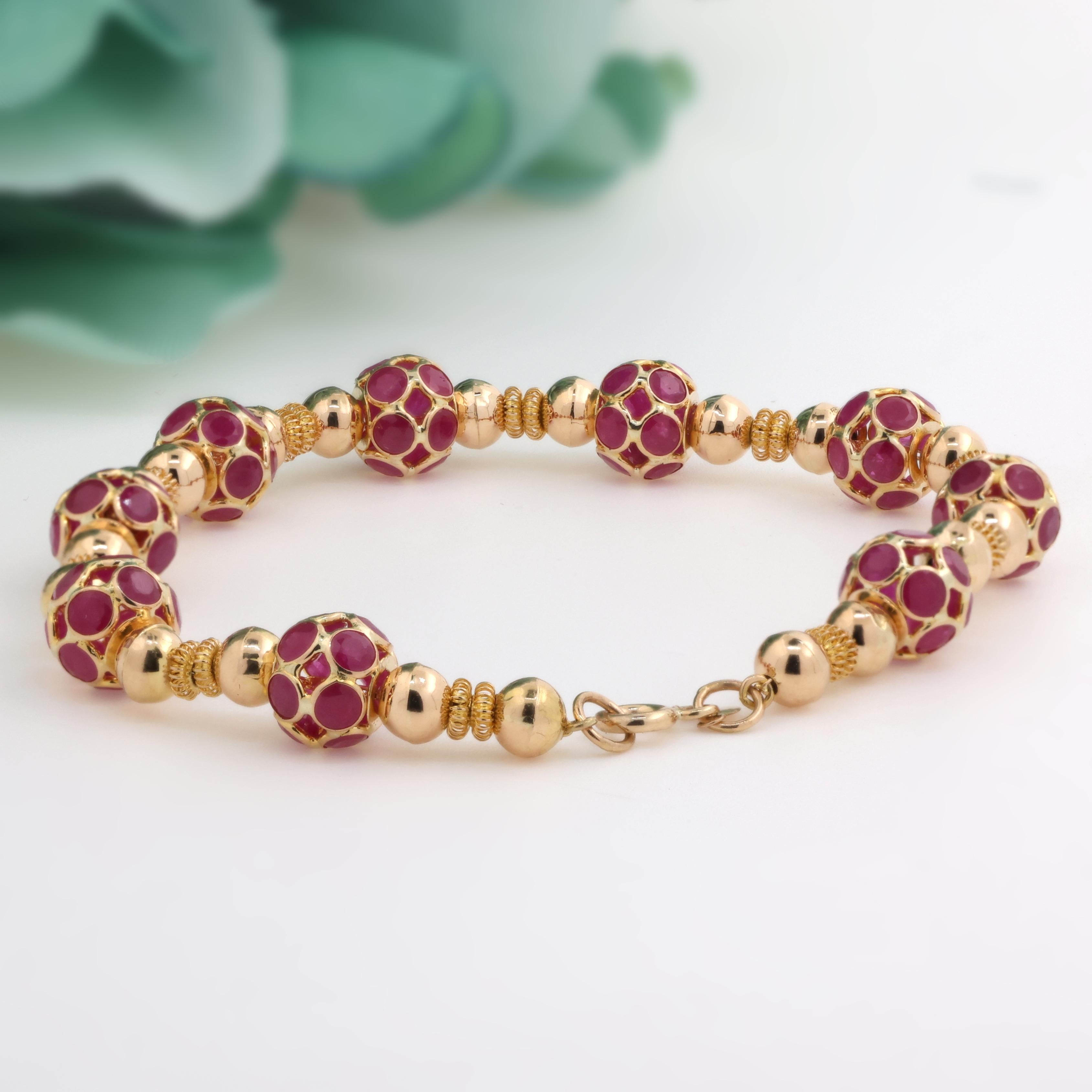 Ruby Ball Bead Bracelet 18K Yellow Gold 18.20 CTW 7.25" Ladies Estate