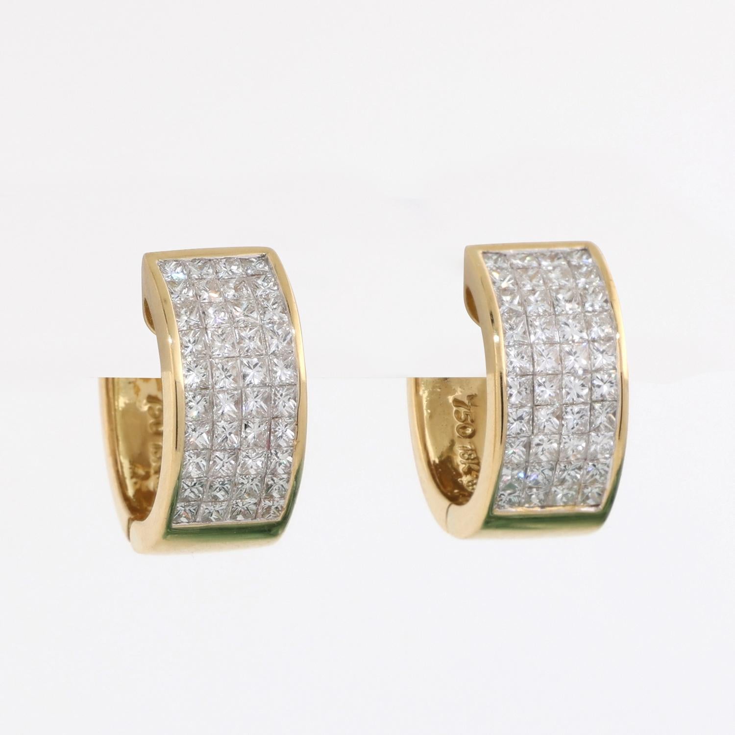 Cluster Princess Diamond Round Huggie Hoop Earrings 18K Yellow Gold 2.00TW 0.55"