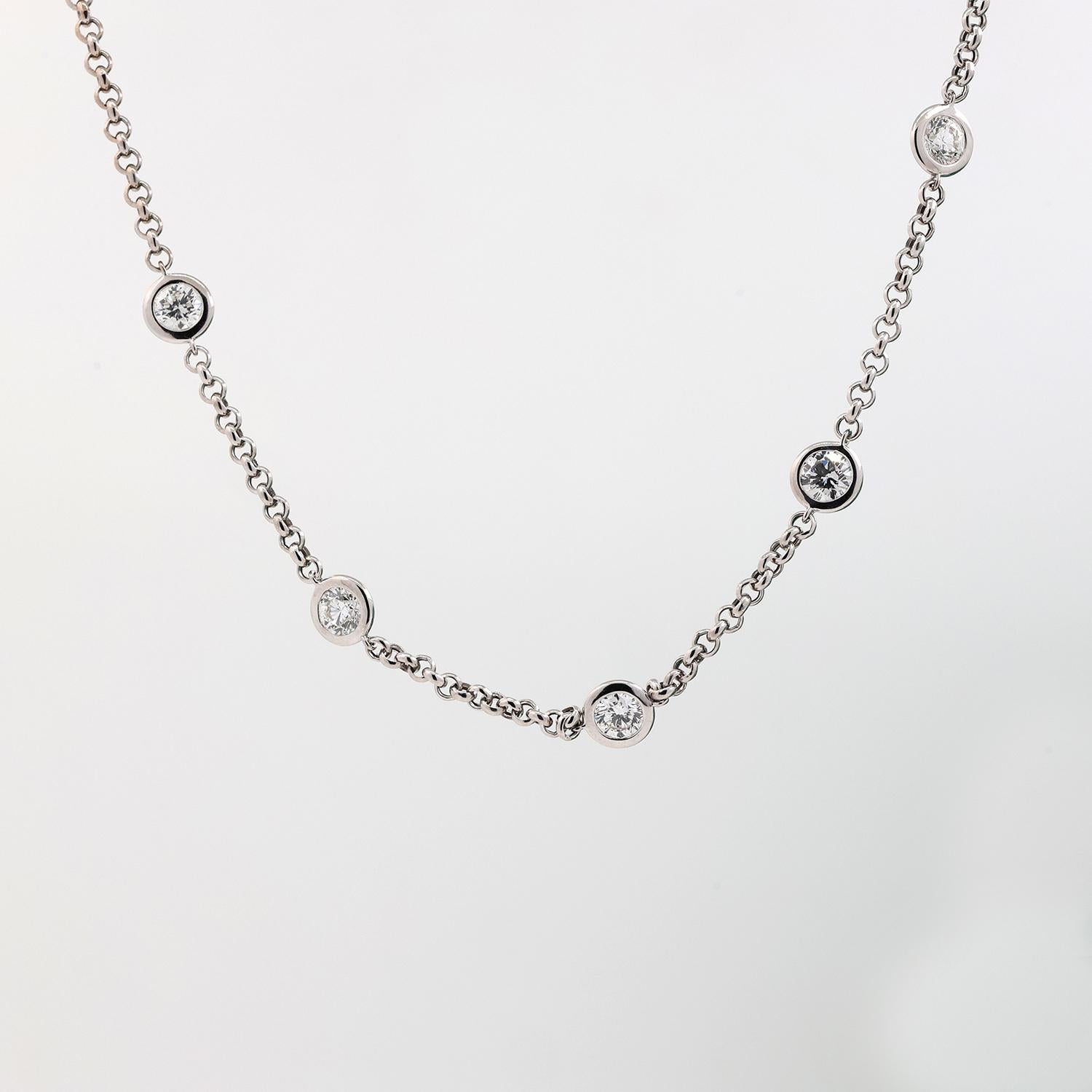 Bezel Diamond Station Necklace 18K/14K White Gold 2.25 TW Rolo Link Chain 16.5"