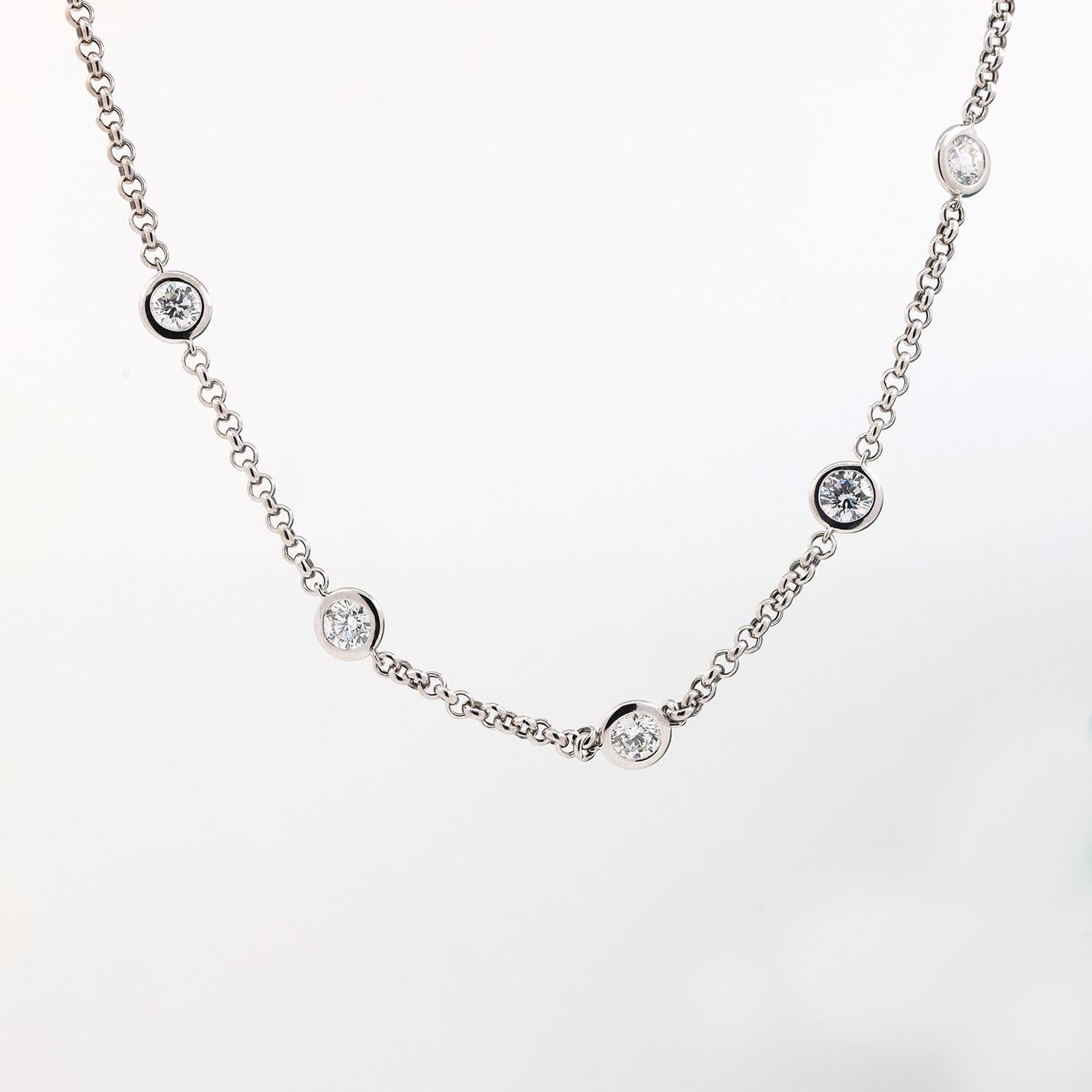 Bezel Diamond Station Necklace 18K/14K White Gold 2.25 TW Rolo Link Chain 16.5"