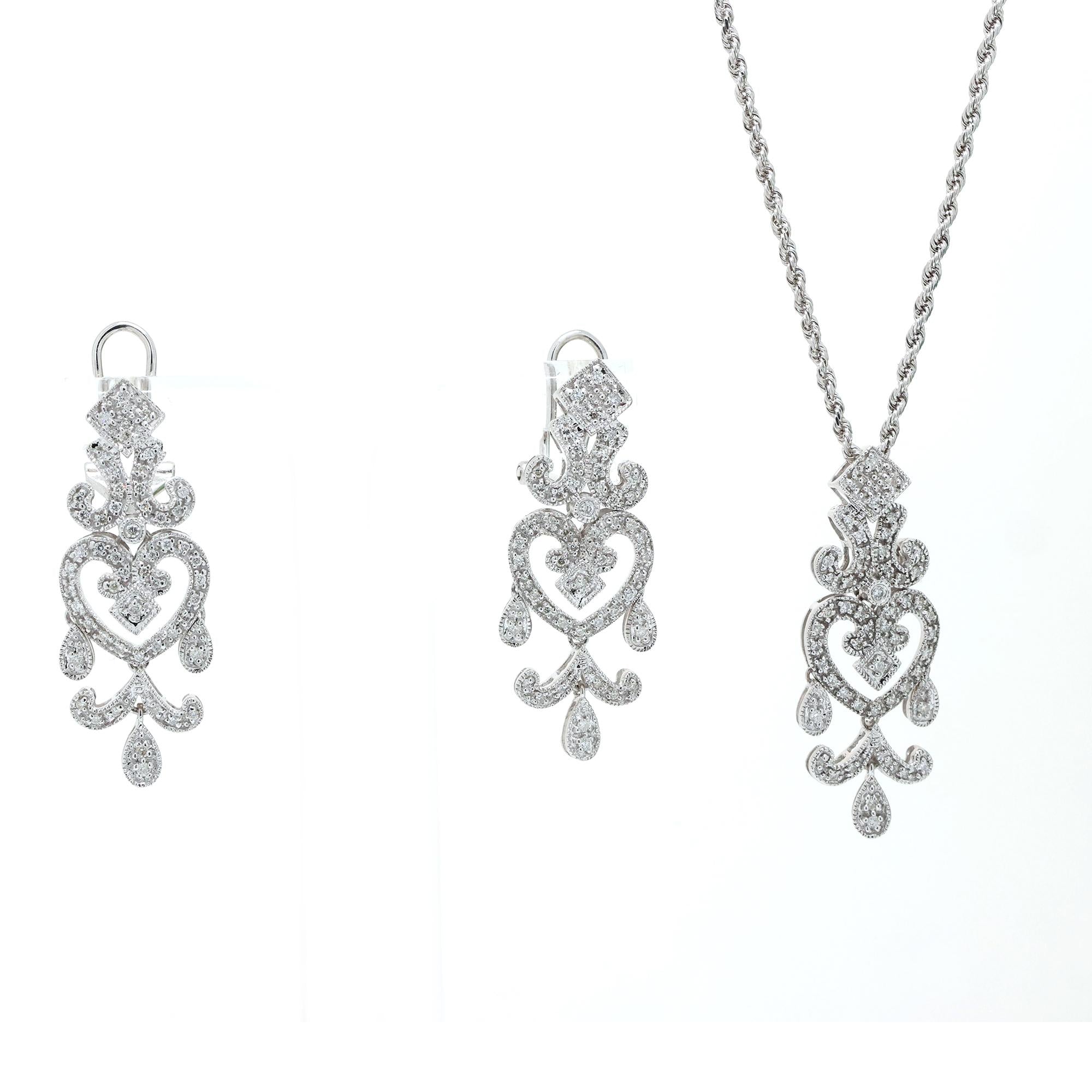 Vintage Diamond Chandelier Earring Pendant Set 14K White Gold 1.00 TW Ladies