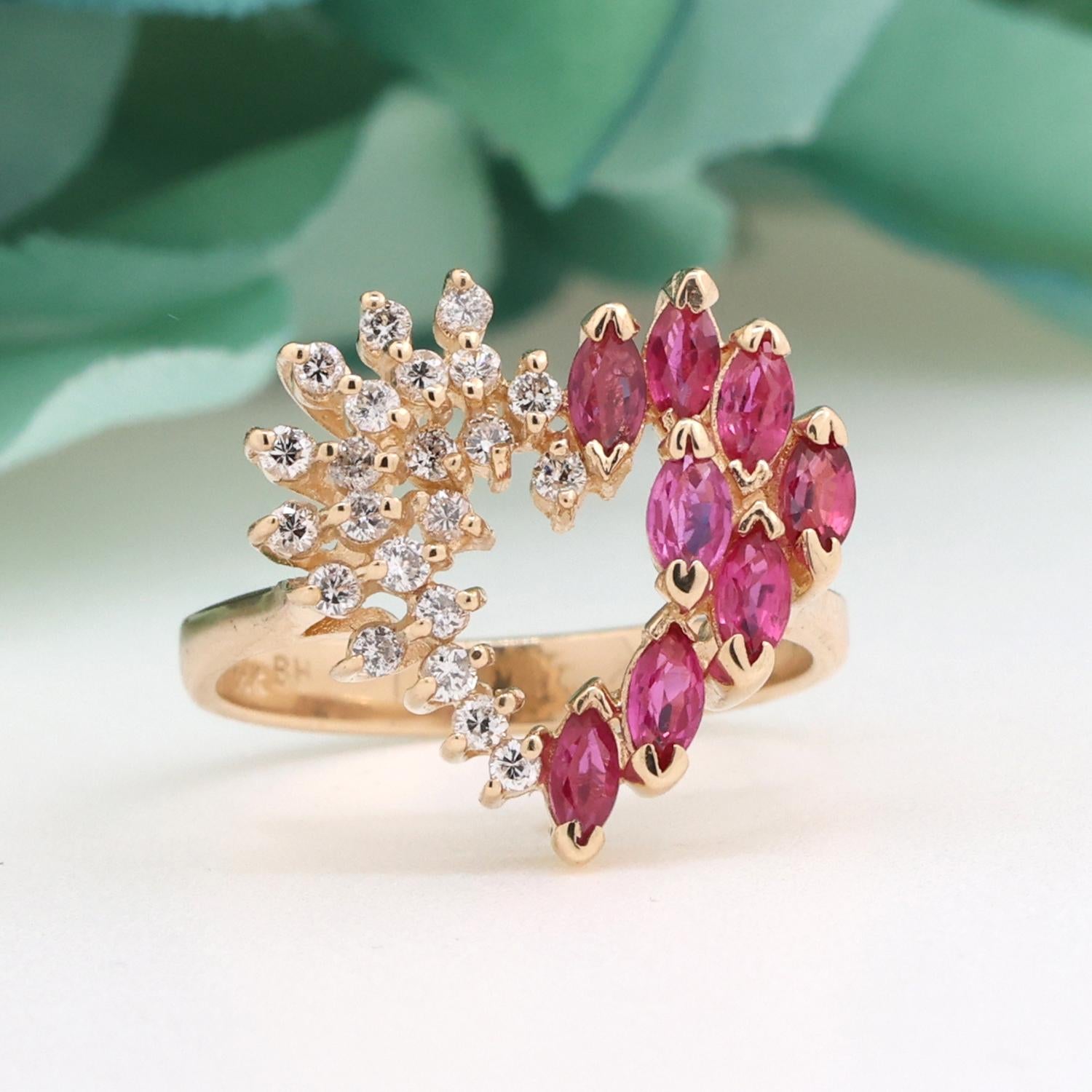 Open Heart Ruby Diamond Ring 14K Yellow Gold 0.96 TW Ladies Size 6.75