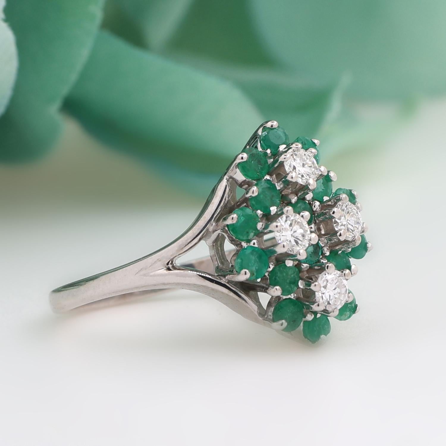 Emerald Diamond Floral Cocktail Ring 14K White Gold 1.04 CTW Size 7 Estate