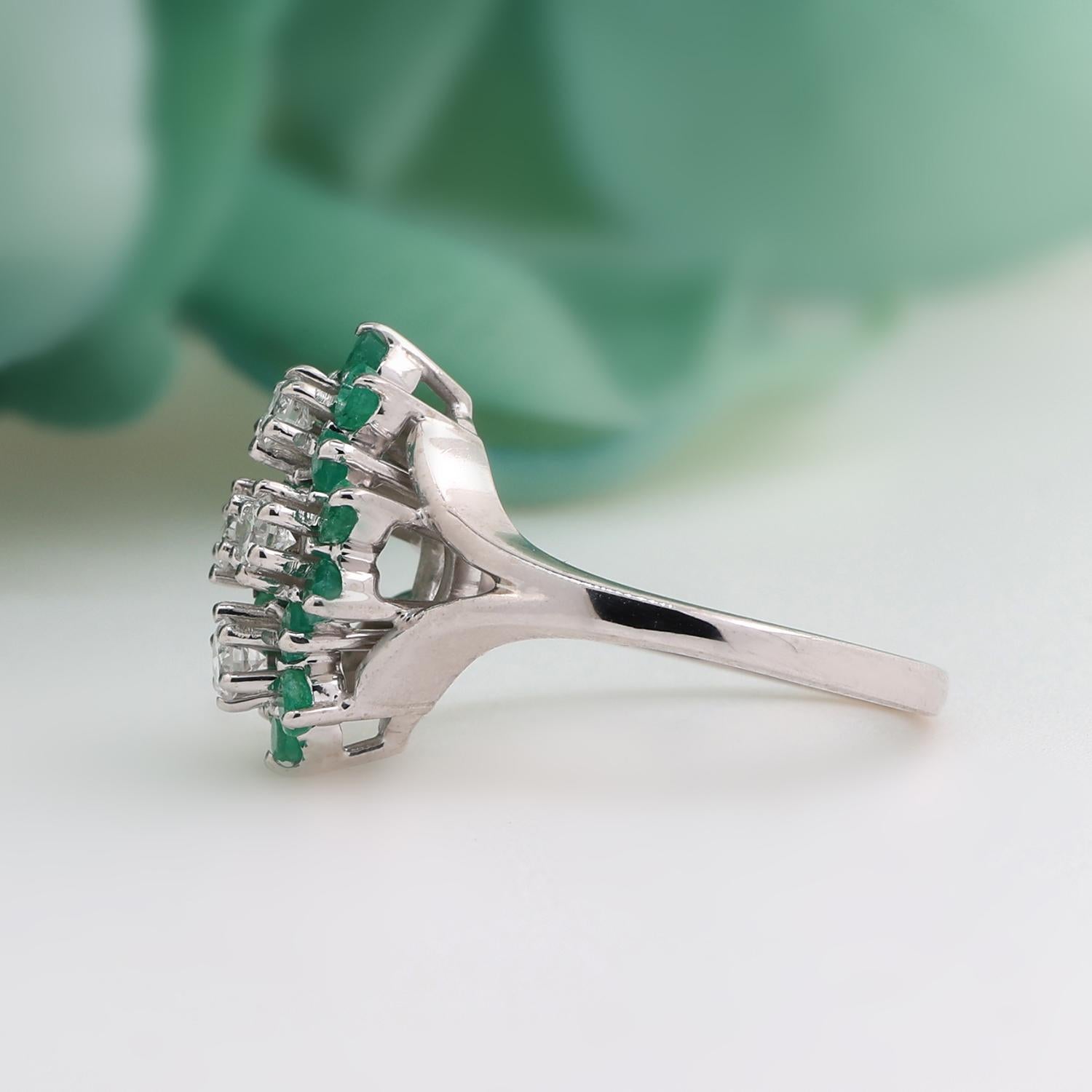 Emerald Diamond Floral Cocktail Ring 14K White Gold 1.04 CTW Size 7 Estate