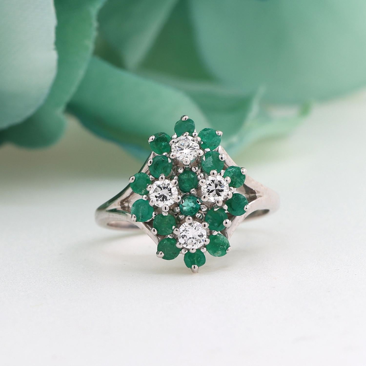 Emerald Diamond Floral Cocktail Ring 14K White Gold 1.04 CTW Size 7 Estate