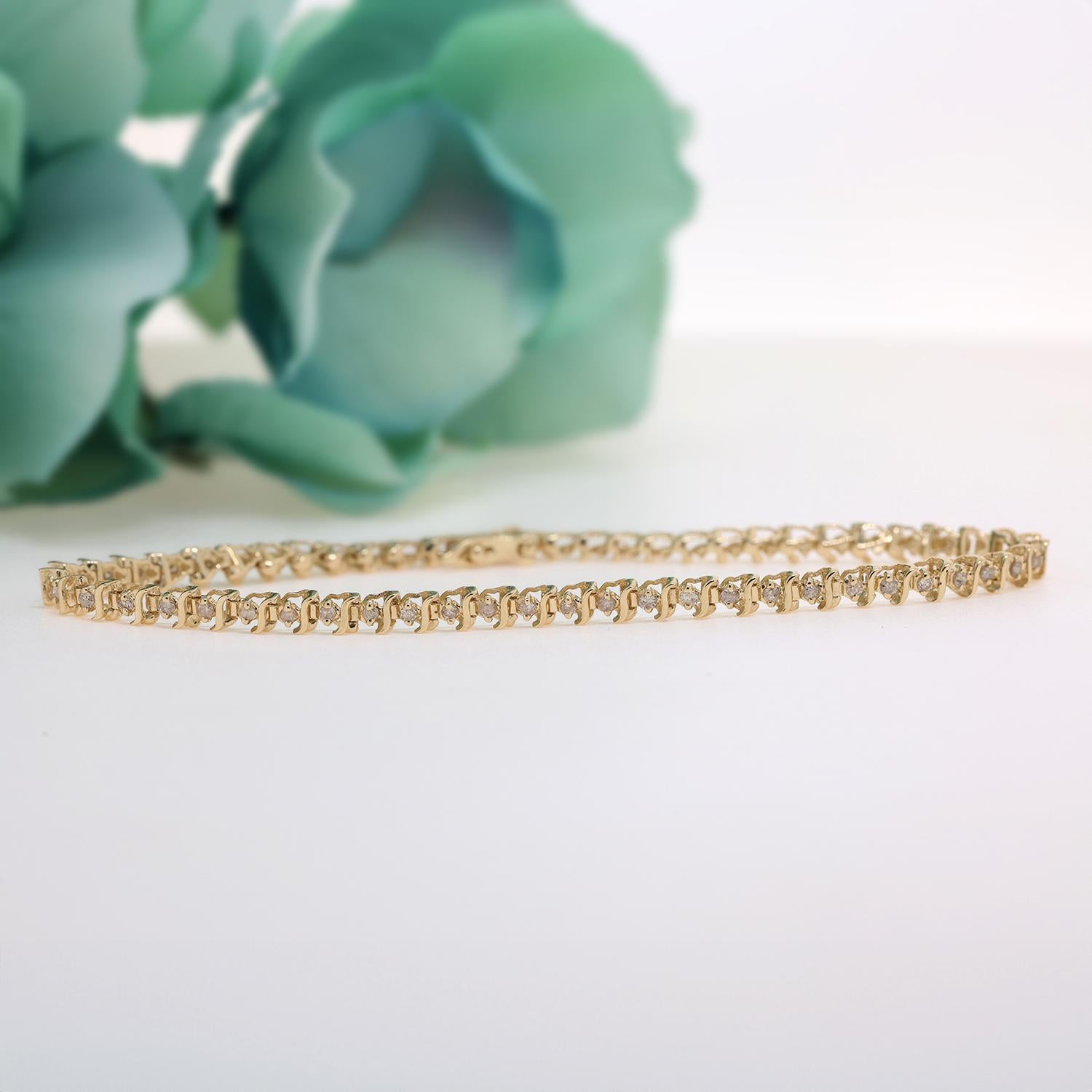 1.10 TW Diamond S-Link Tennis Bracelet 14K Yellow Gold Round Diamonds 8" Estate