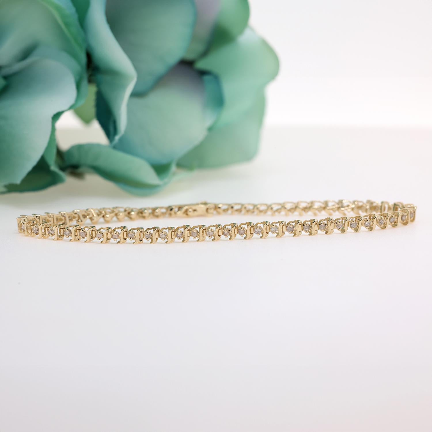 1.10 TW Diamond S-Link Tennis Bracelet 14K Yellow Gold Round Diamonds 8" Estate