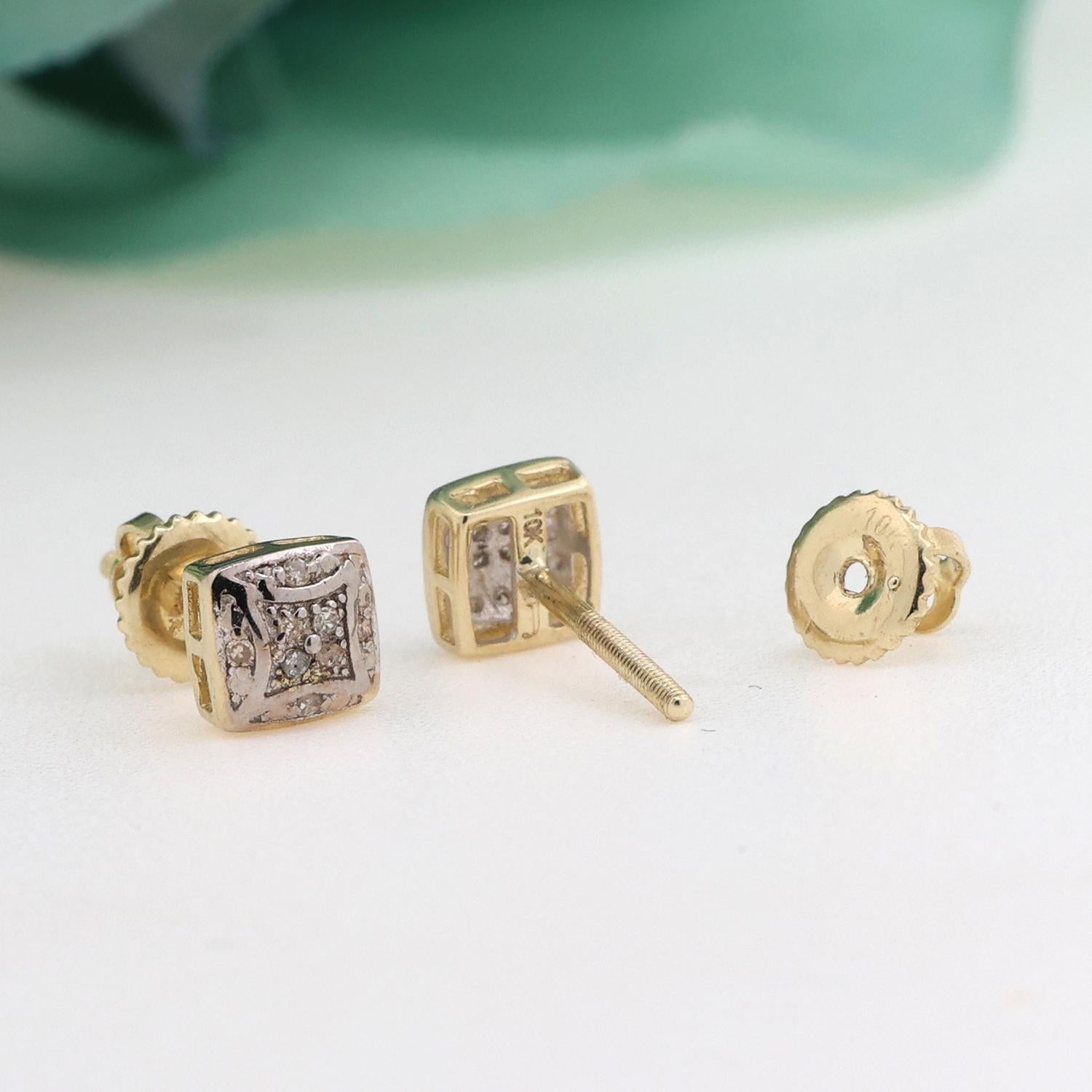 Diamond Square Stud Earrings 10K Gold 0.10 TW Round Diamonds Estate