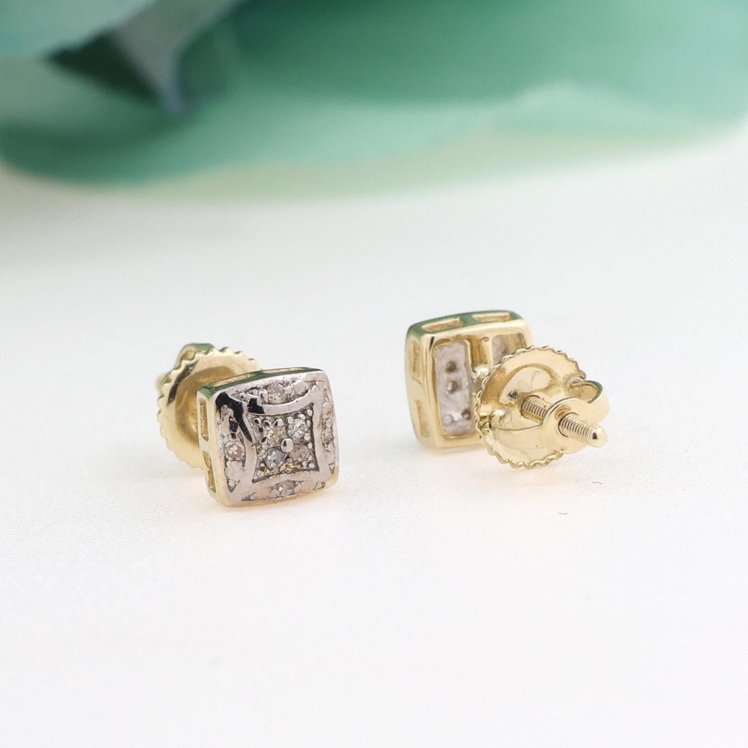 Diamond Square Stud Earrings 10K Gold 0.10 TW Round Diamonds Estate