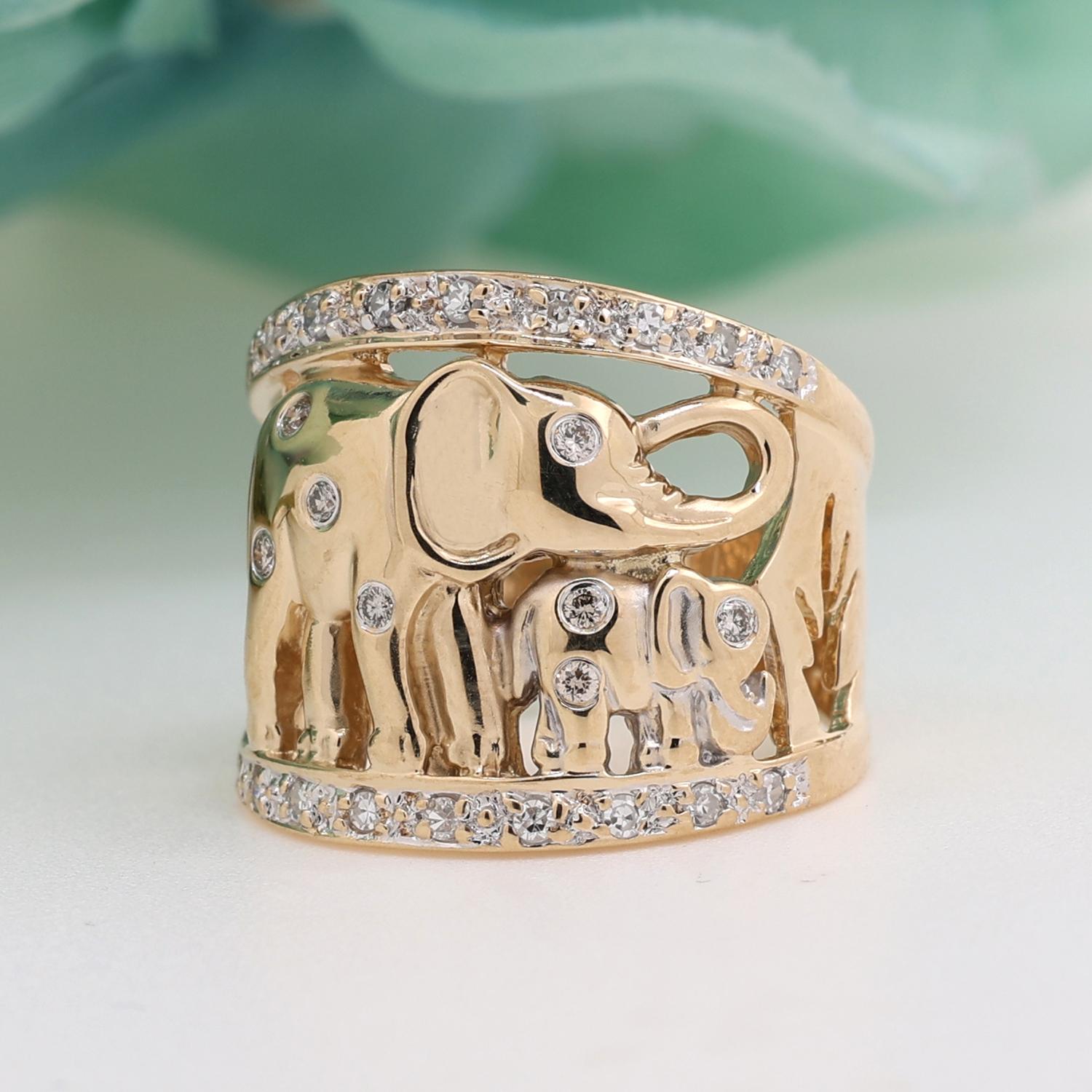 Elephant Wide Band Ring 0.30 TW Diamonds 14K Yellow Gold Size 5 Estate