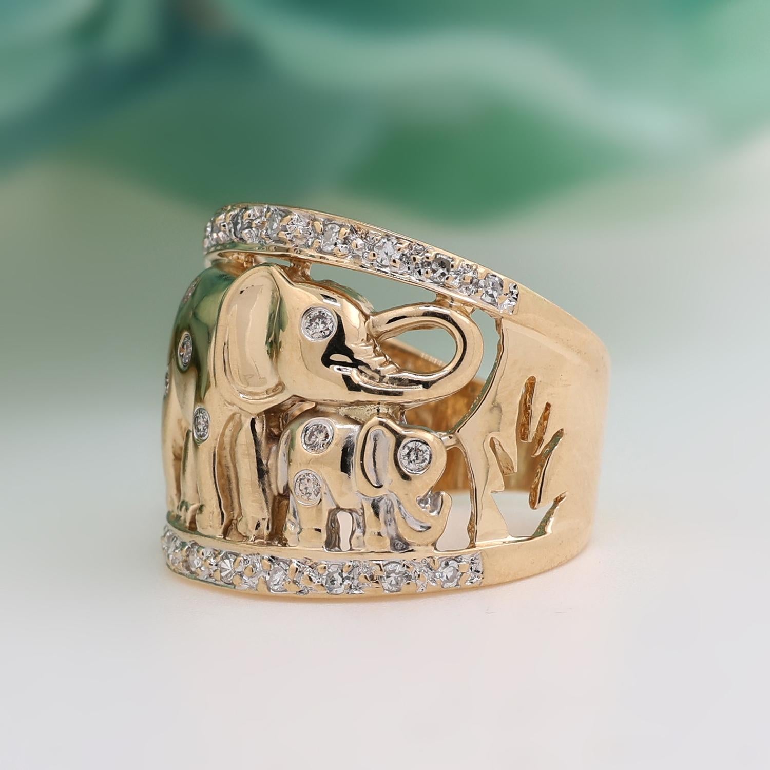 Elephant Wide Band Ring 0.30 TW Diamonds 14K Yellow Gold Size 5 Estate