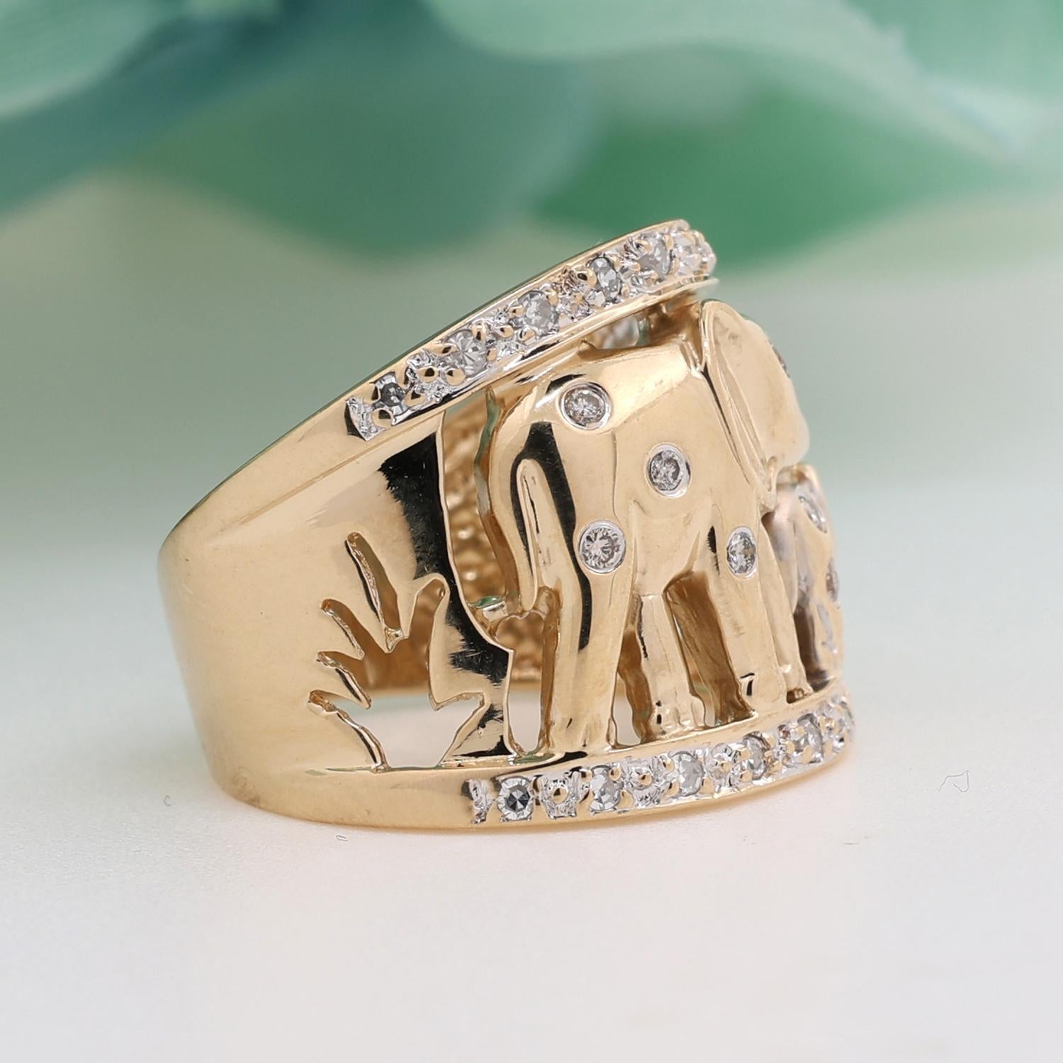 Elephant Wide Band Ring 0.30 TW Diamonds 14K Yellow Gold Size 5 Estate