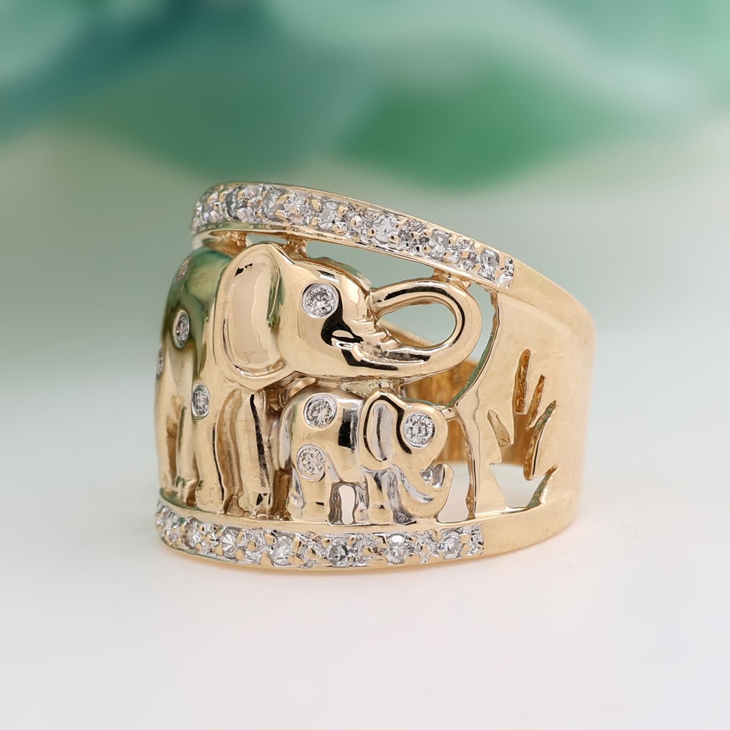 Elephant Wide Band Ring 0.30 TW Diamonds 14K Yellow Gold Size 5 Estate