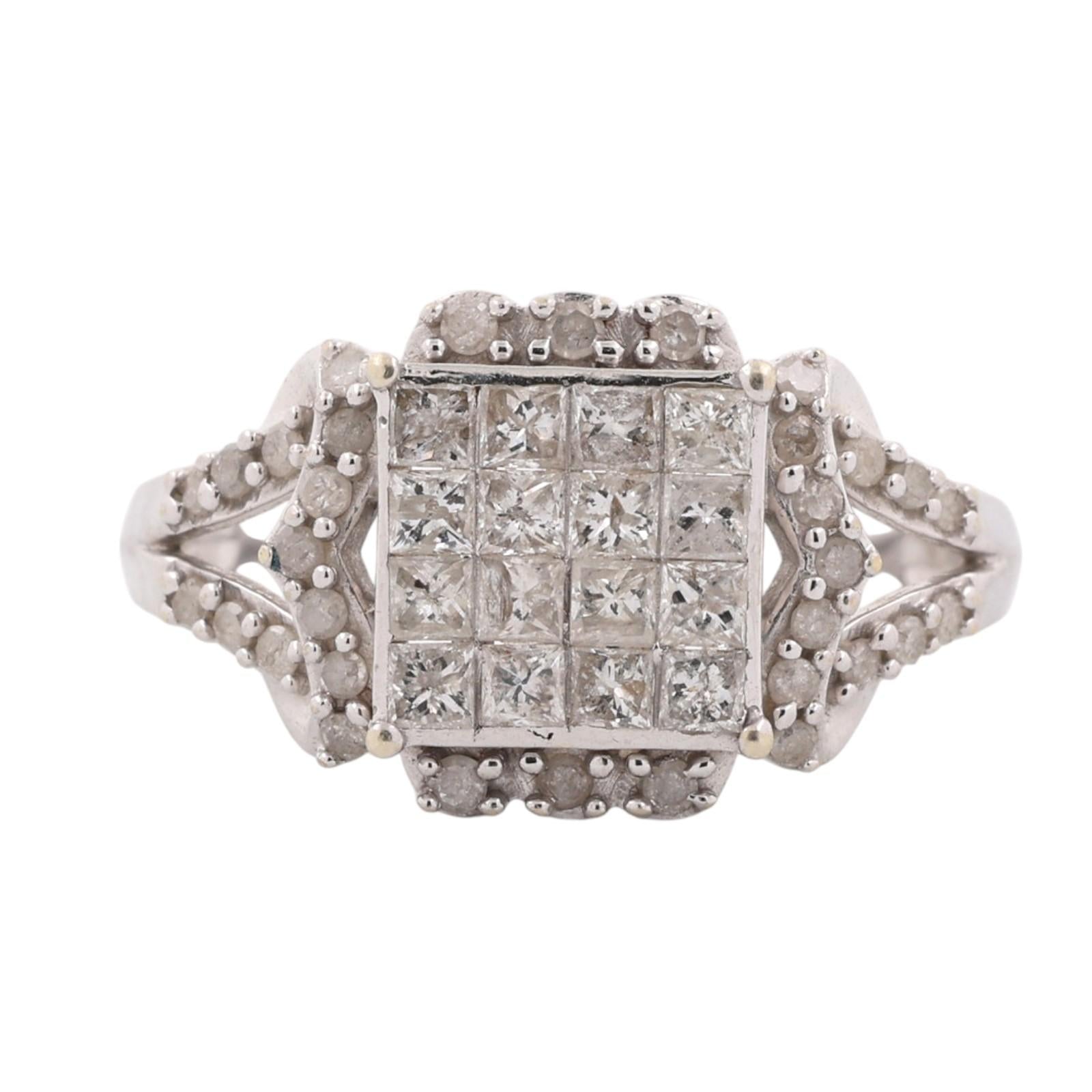 10K White Gold 0.65 CTW Diamond Princess Cluster Cocktail Ring Size 7.25