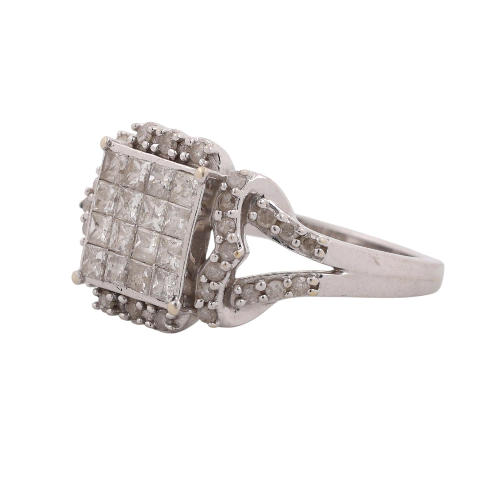 10K White Gold 0.65 CTW Diamond Princess Cluster Cocktail Ring Size 7.25