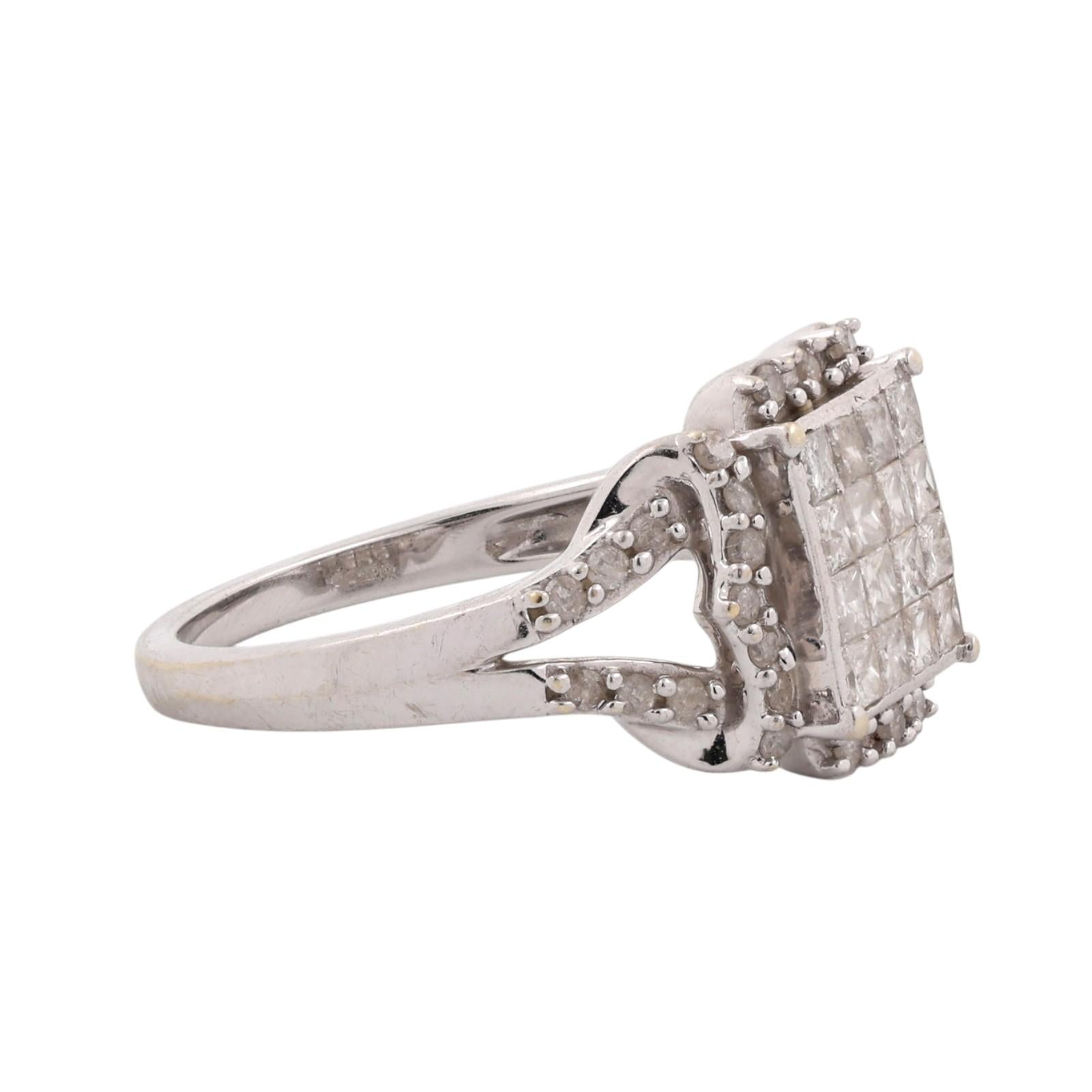 10K White Gold 0.65 CTW Diamond Princess Cluster Cocktail Ring Size 7.25