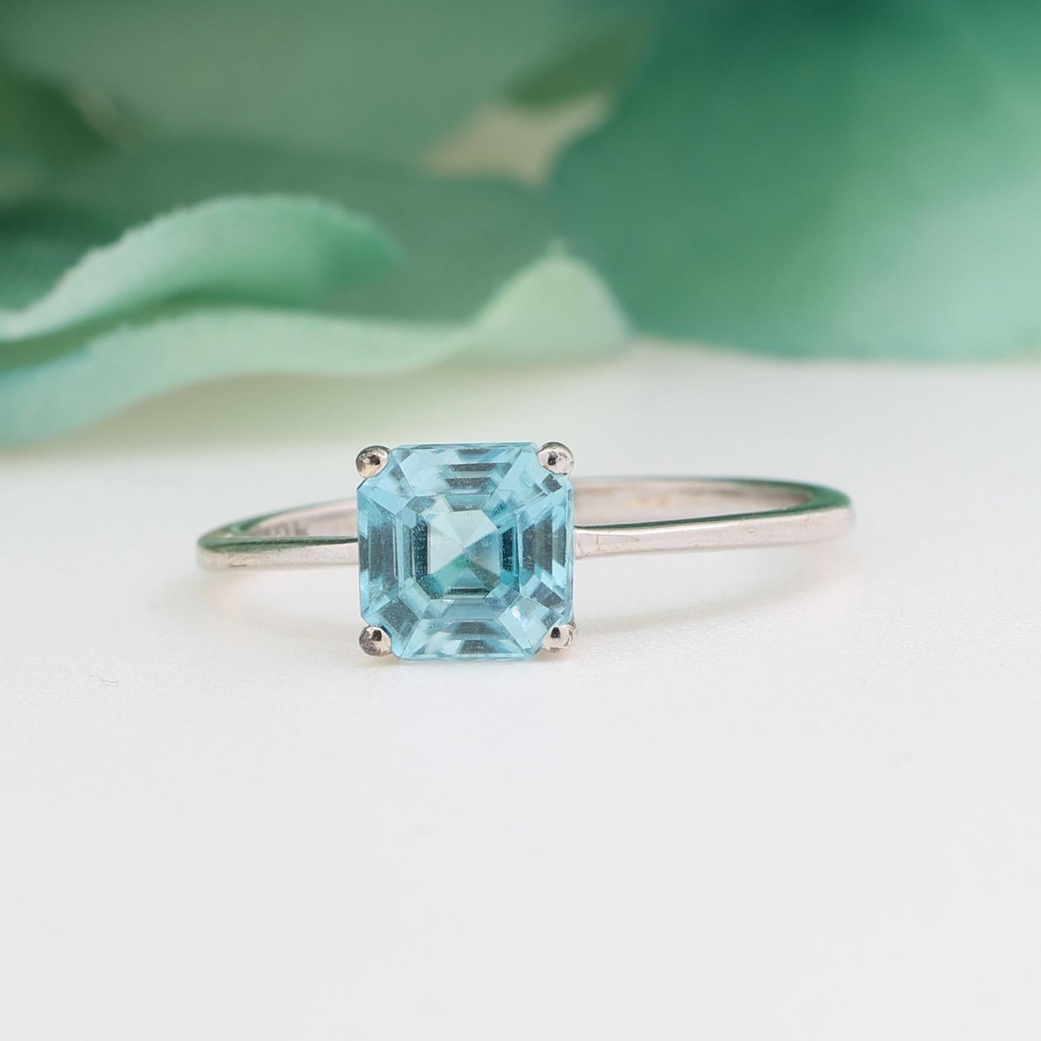 Ascher Cut Blue Topaz Solitaire Ring 10k White Gold 2.25 CTW Size 7.75