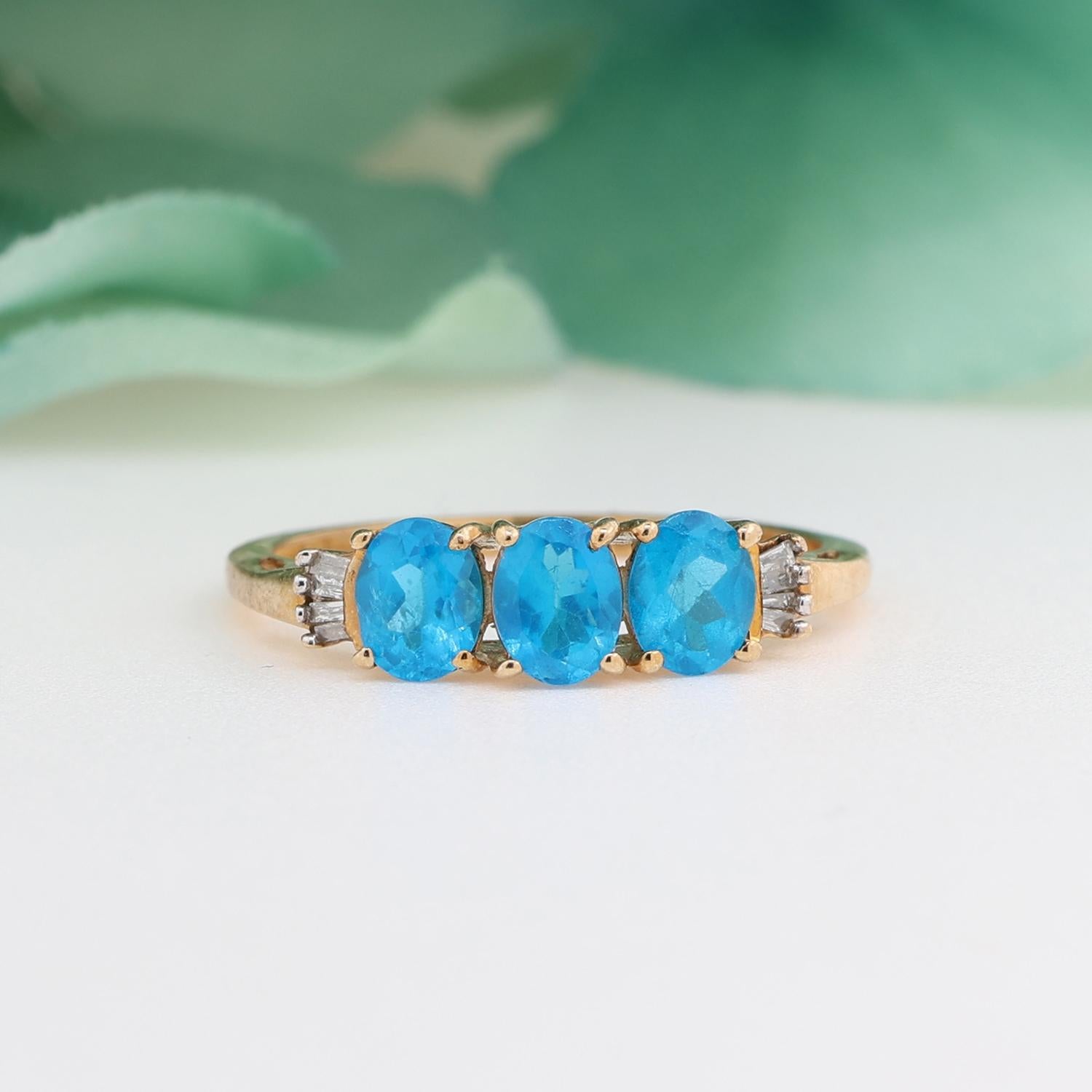 3-Stone Neon Blue Apatite Diamond Ring 10K Yellow Gold 0.70 CTW Size 7