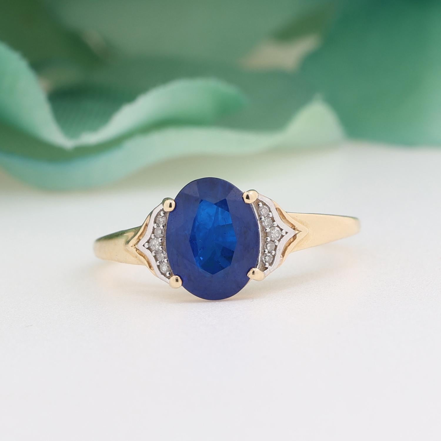 Oval Blue Spinel Diamond Accent Ring 10K Yellow Gold 1.85 CTW Size 7