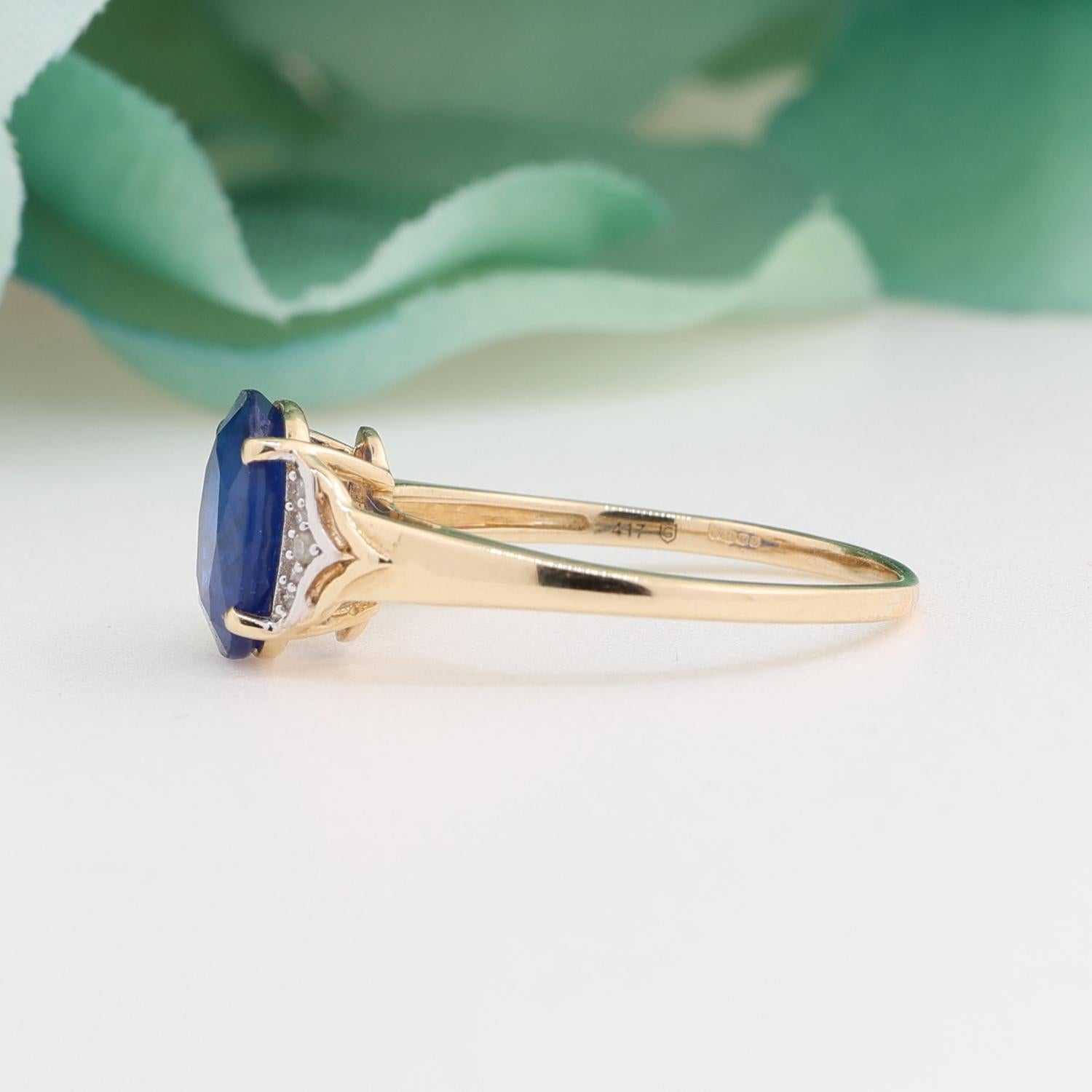 Oval Blue Spinel Diamond Accent Ring 10K Yellow Gold 1.85 CTW Size 7