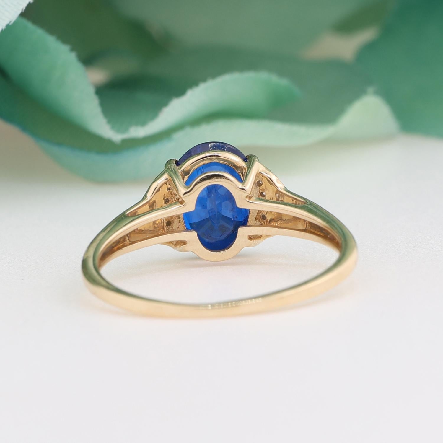 Oval Blue Spinel Diamond Accent Ring 10K Yellow Gold 1.85 CTW Size 7