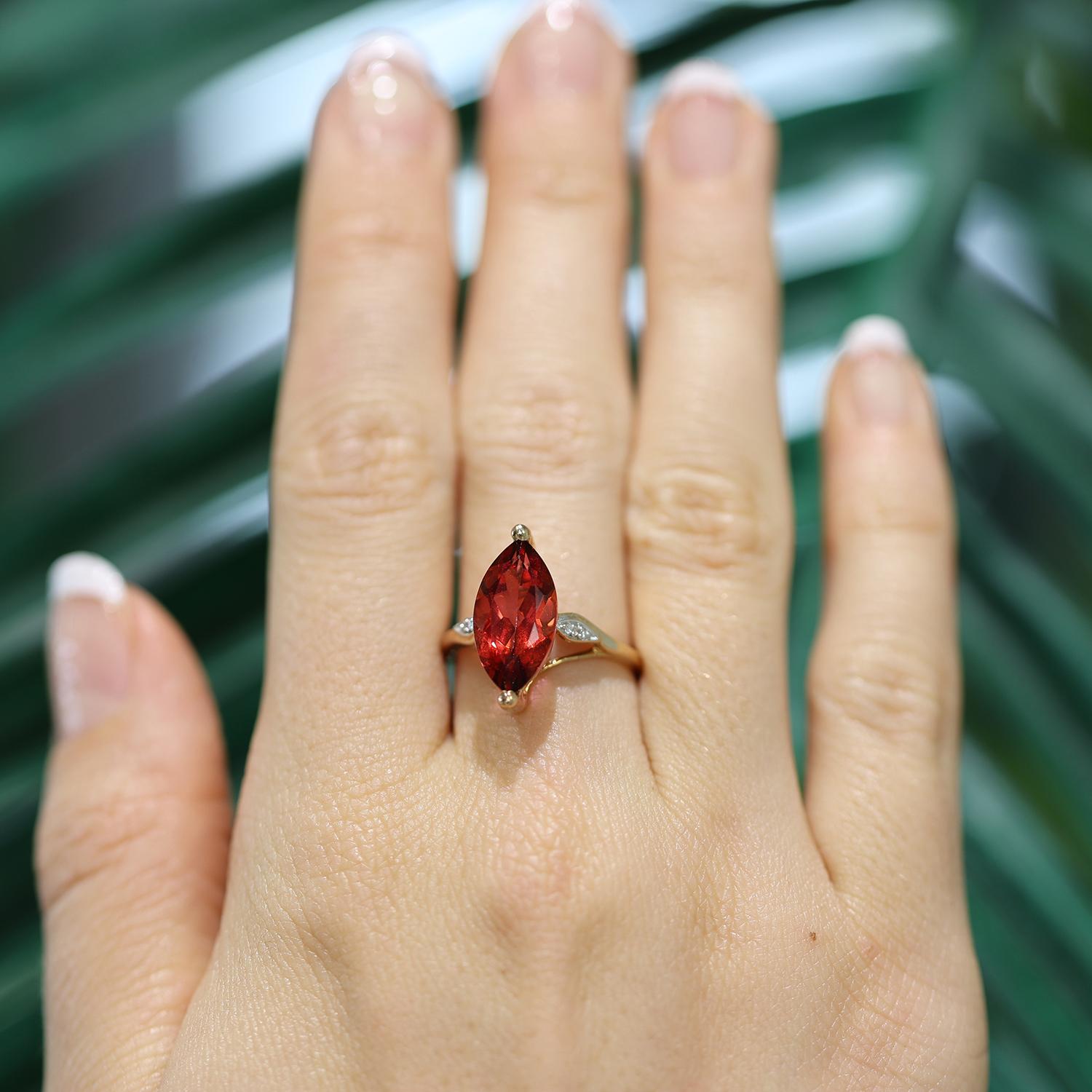 Blazing Red Marquise Cut Topaz Diamond Accent Ring 10K Yellow Gold Size 7.25