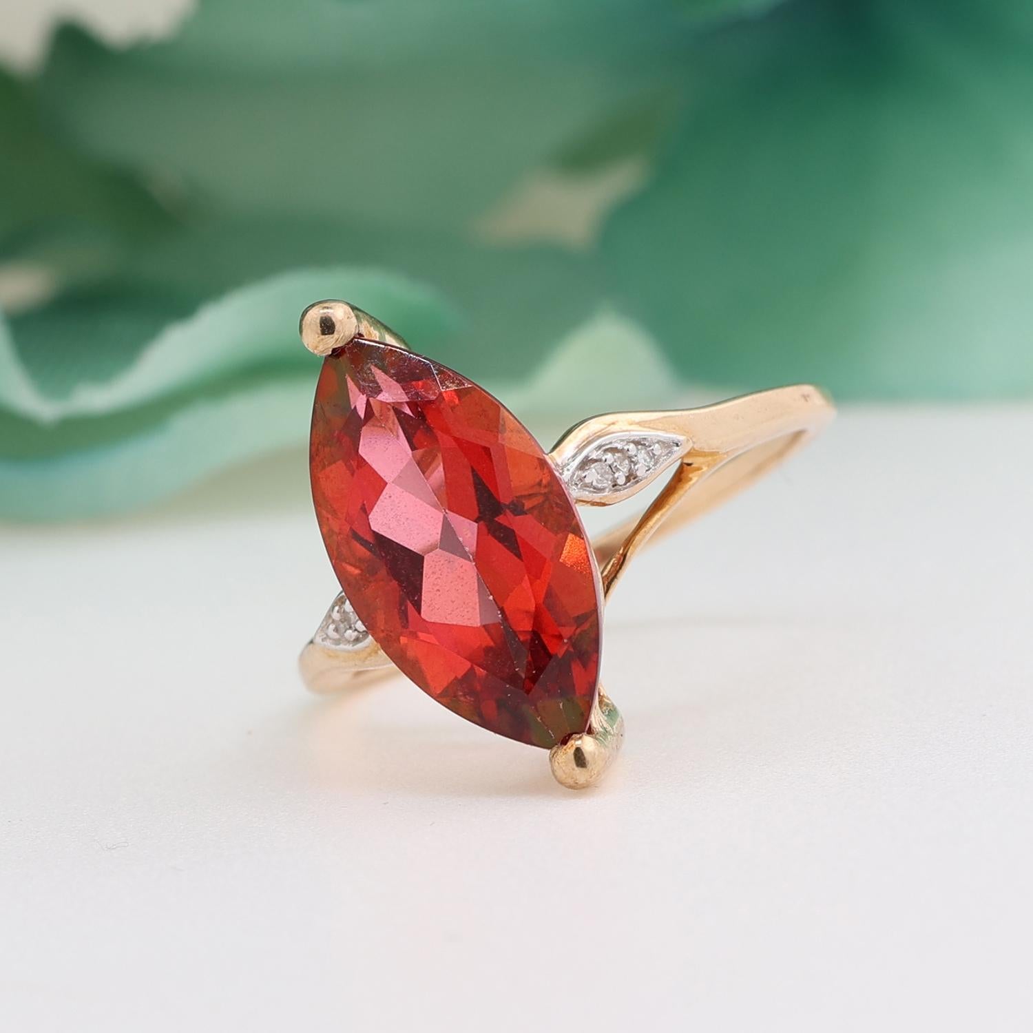 Blazing Red Marquise Cut Topaz Diamond Accent Ring 10K Yellow Gold Size 7.25