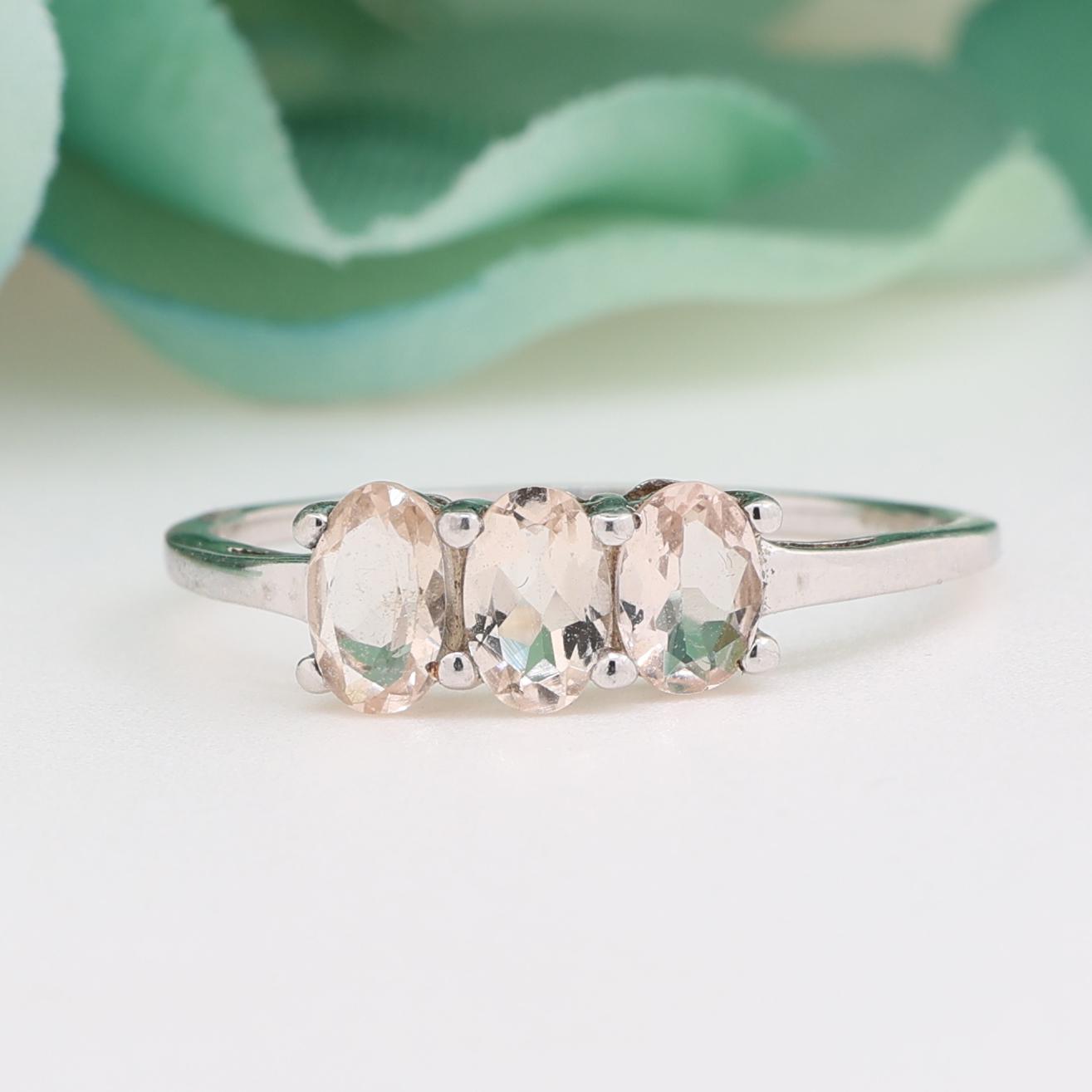 3-Stone Oval Cut Pink Morganite Ring 10K White Gold 1.08 CTW Size 10.25