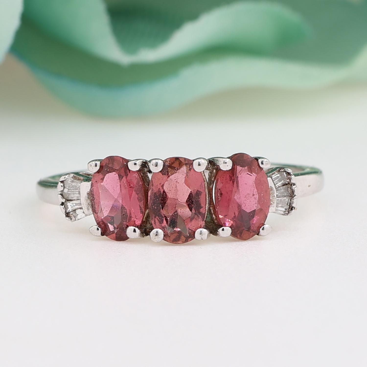 3-Stone Pink Tourmaline Diamond Band Ring 10K White Gold 1.40 CTW Size 6.75