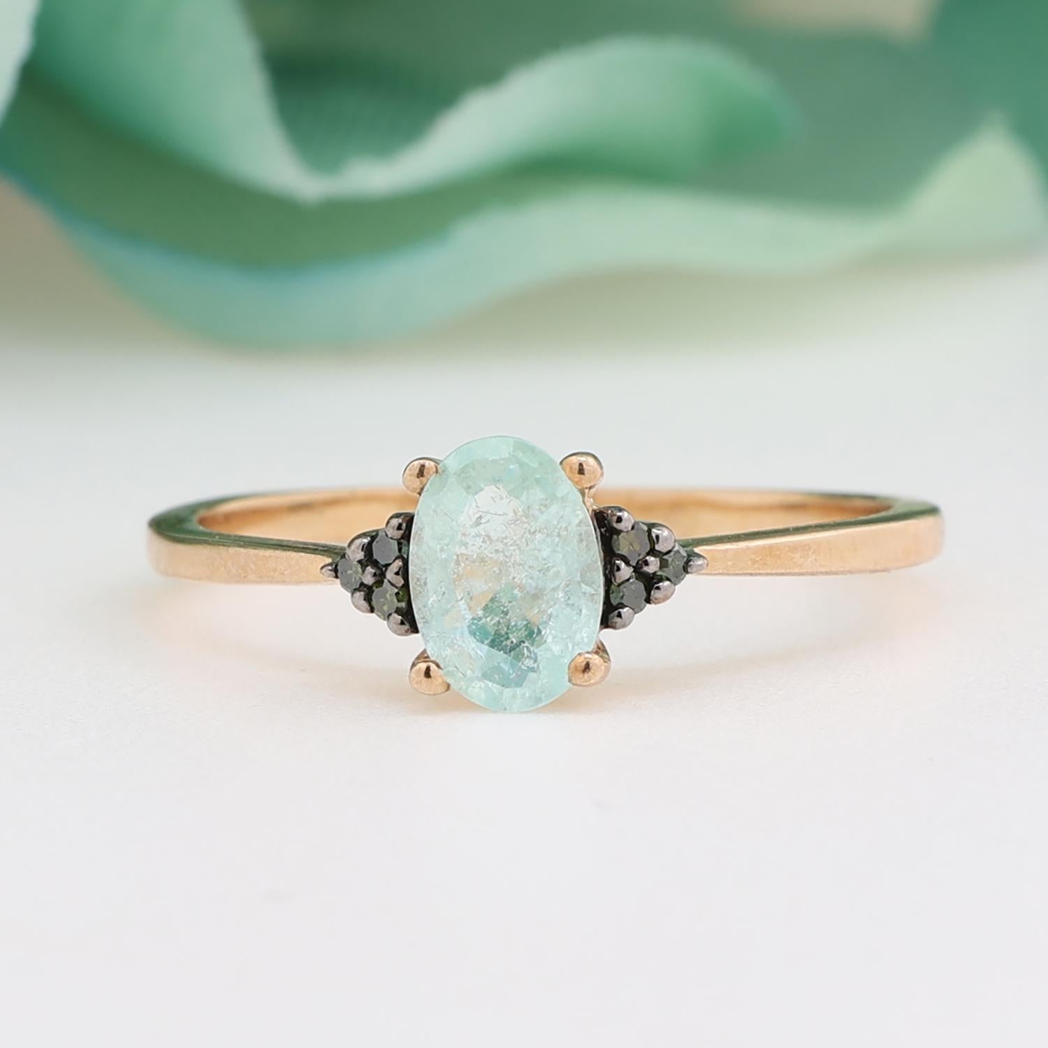 Oval Aquamarine Green Diamond Cocktail Ring 10K Yellow Gold 0.75 CTW Size 8