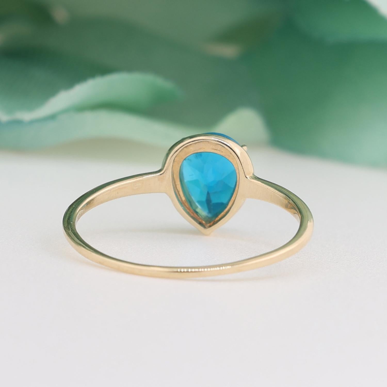 Pear Blue Apatite Solitaire Ring 10K Yellow Gold 1.00 CT Size 7.25