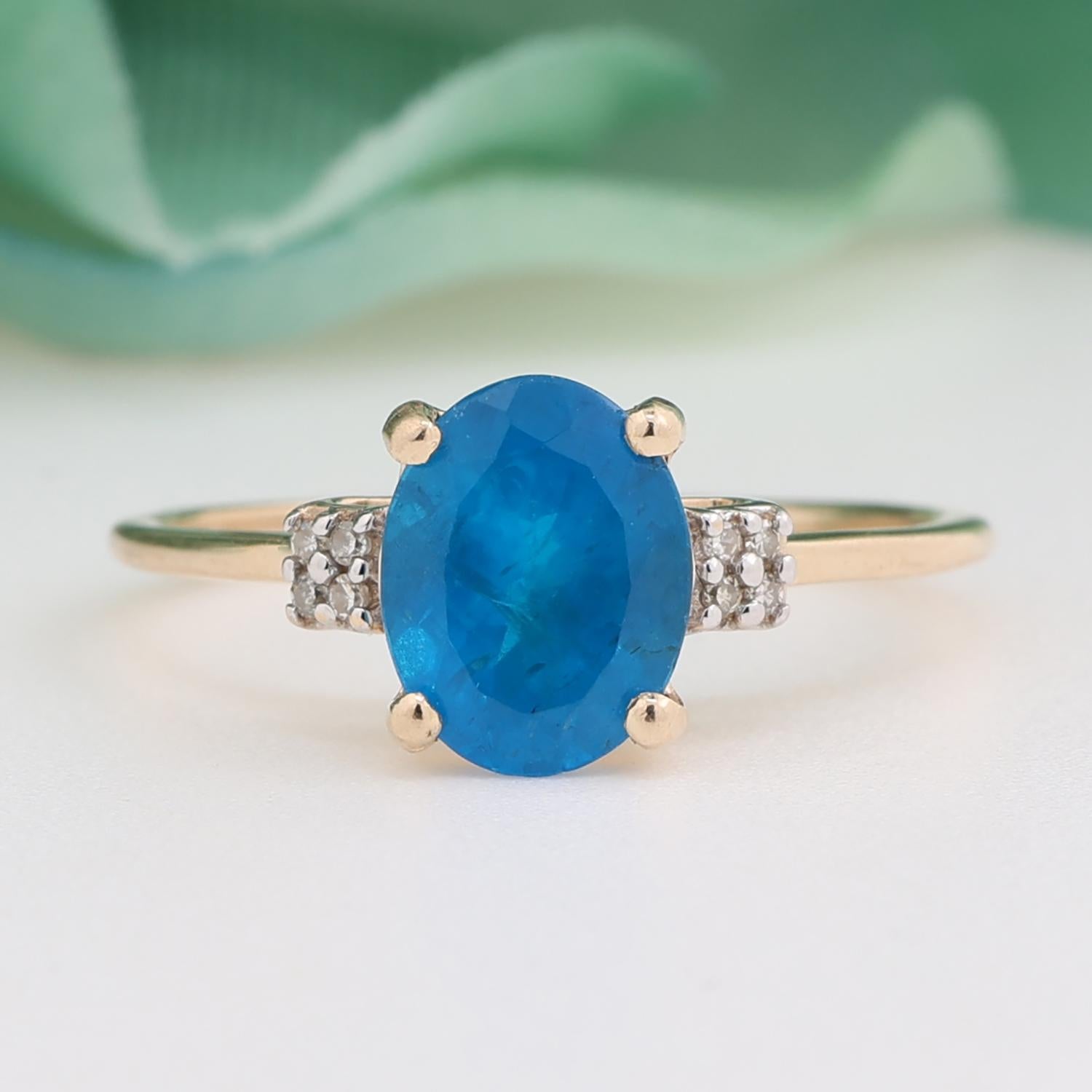 Blue Apatite Diamond Accent Solitaire Ring 10K Gold 1.58 CTW Ladies Size 7.25