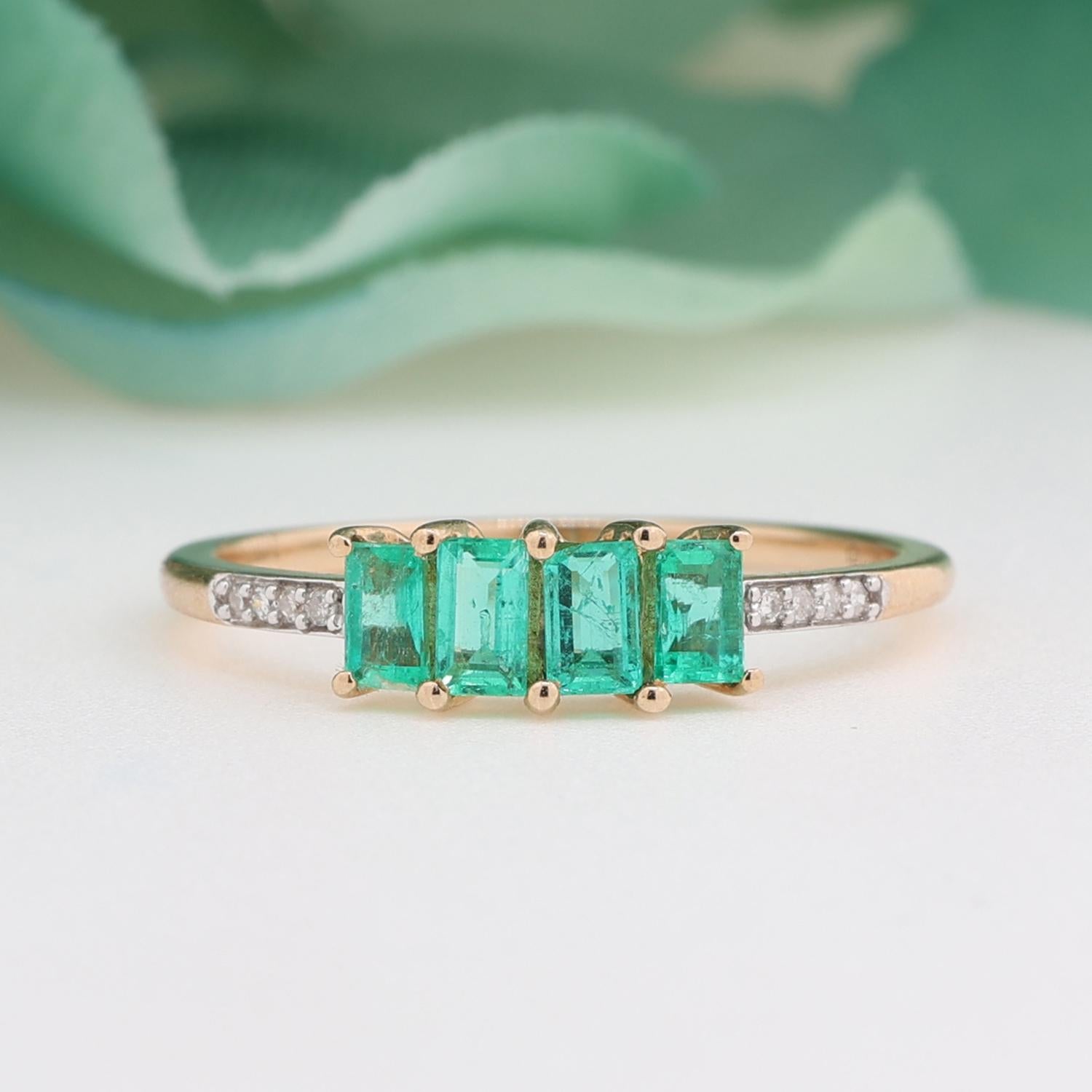 4-Stone Baguette Cut Emerald Diamond Accented Ring 10K Gold 0.56 CTW Size 8