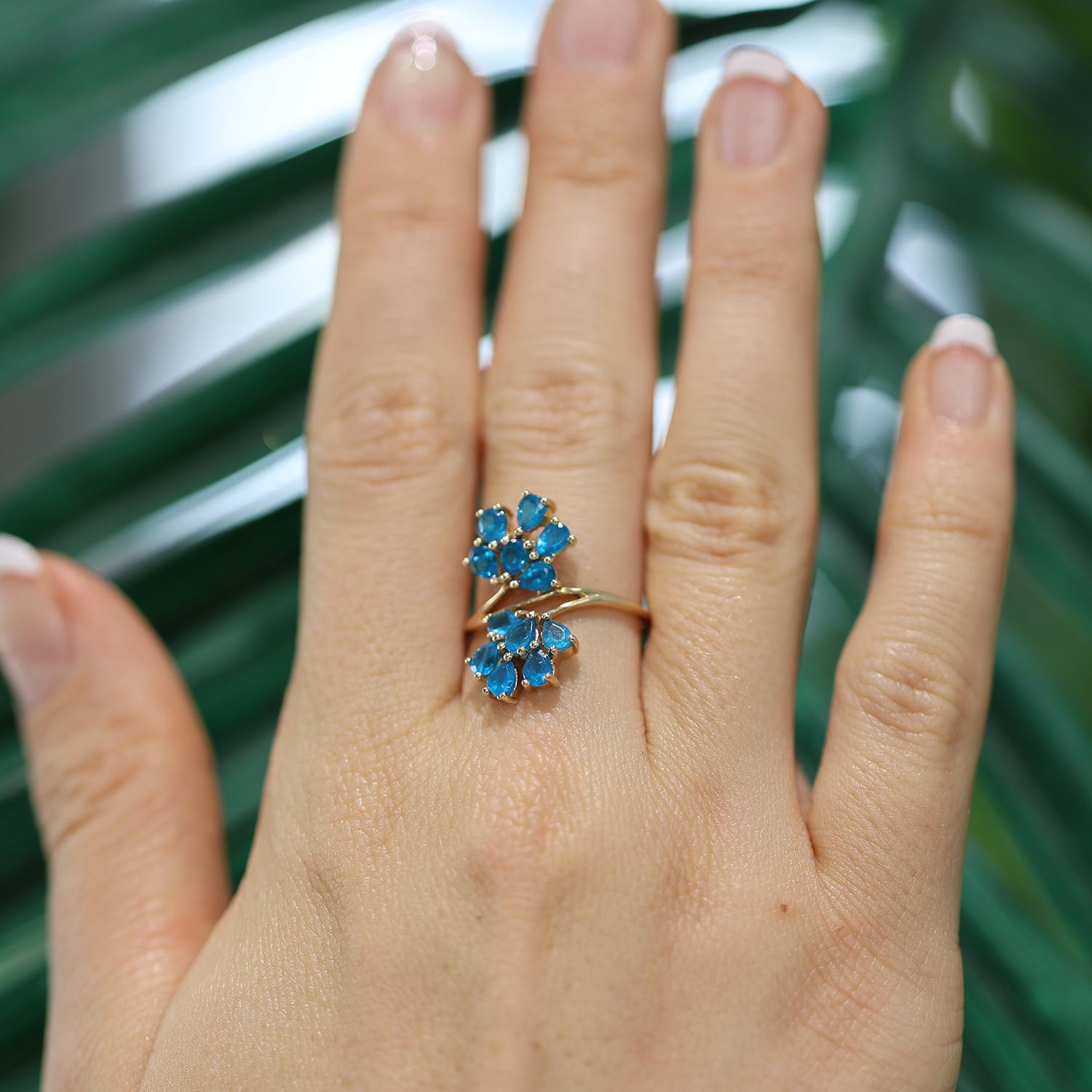 Floral Pear Cut Blue Apatite Ring Cocktail 10K Yellow Gold 1.20 CTW Size 7.25