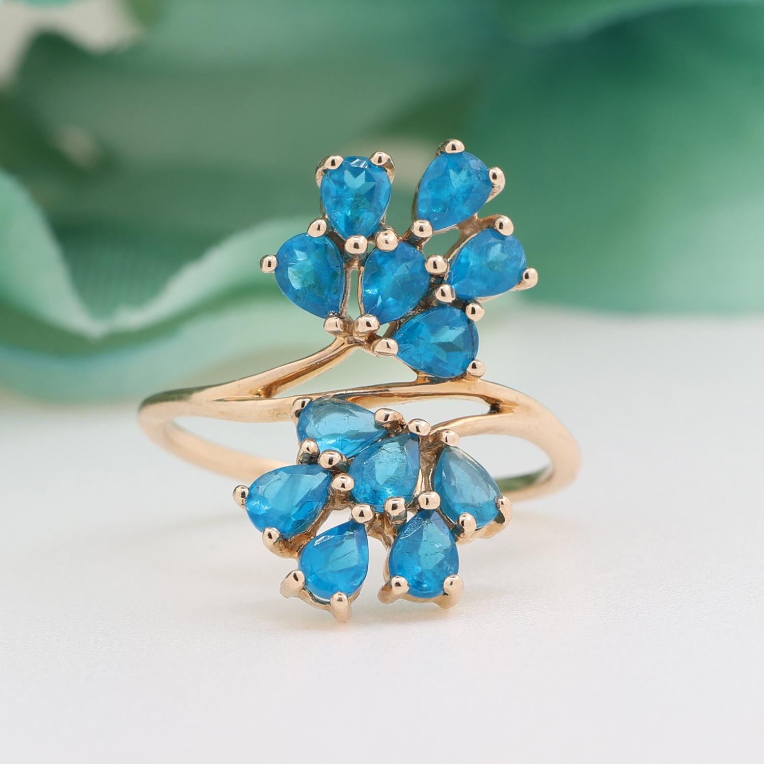 Floral Pear Cut Blue Apatite Ring Cocktail 10K Yellow Gold 1.20 CTW Size 7.25