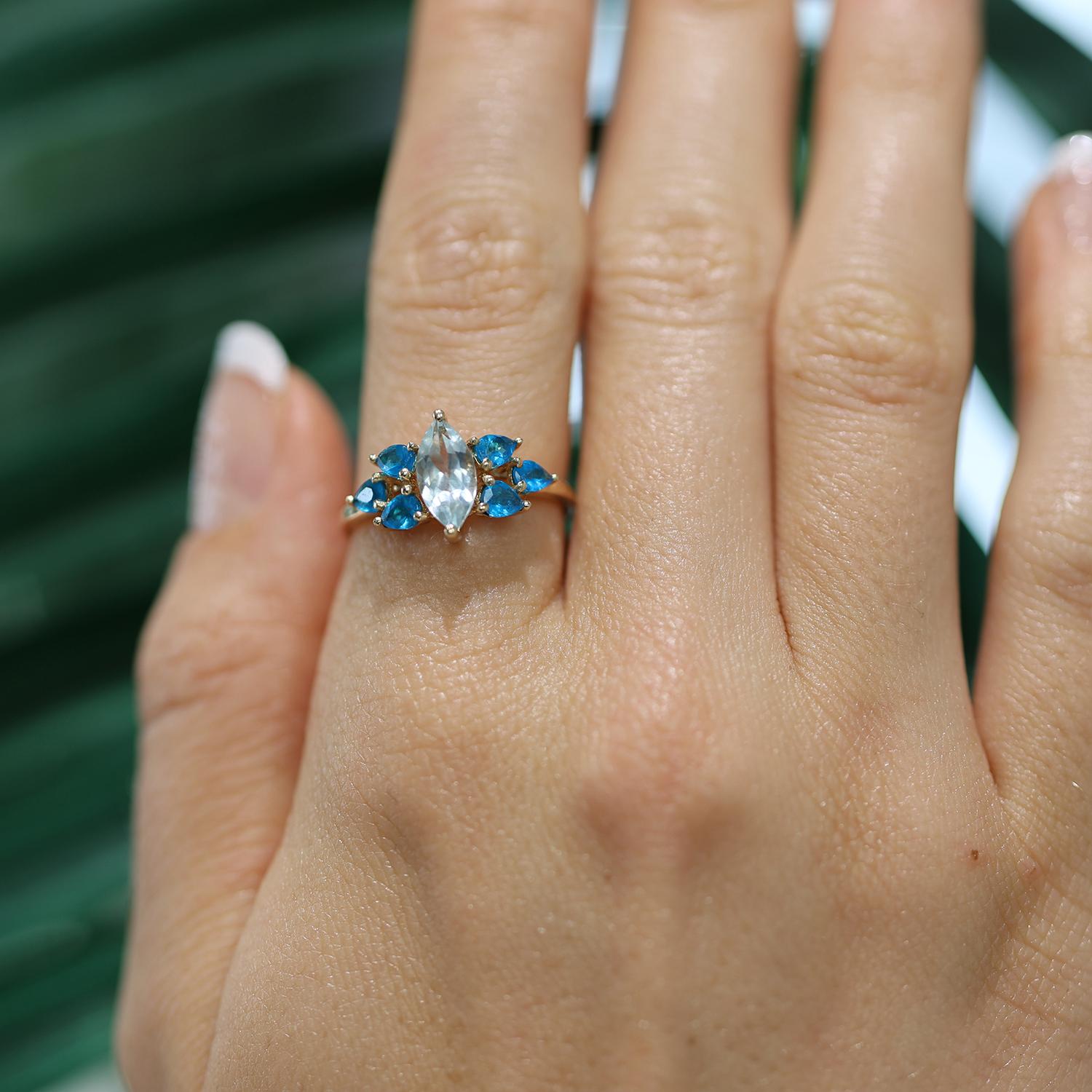 Marquise Aquamarine Cocktail Ring Blue Apatite Accents 10K Yellow Gold Size 8