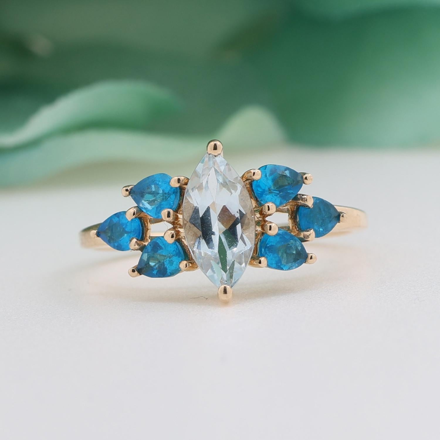 Marquise Aquamarine Cocktail Ring Blue Apatite Accents 10K Yellow Gold Size 8