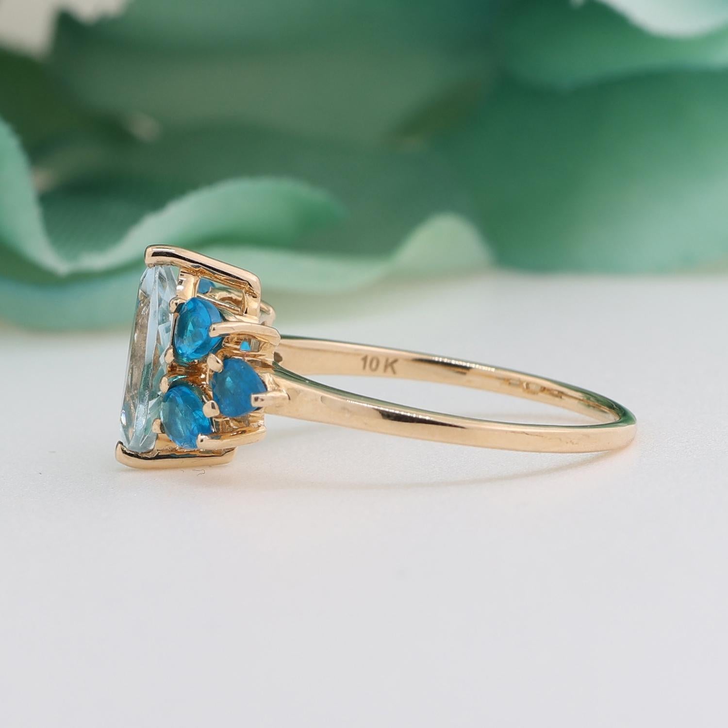 Marquise Aquamarine Cocktail Ring Blue Apatite Accents 10K Yellow Gold Size 8