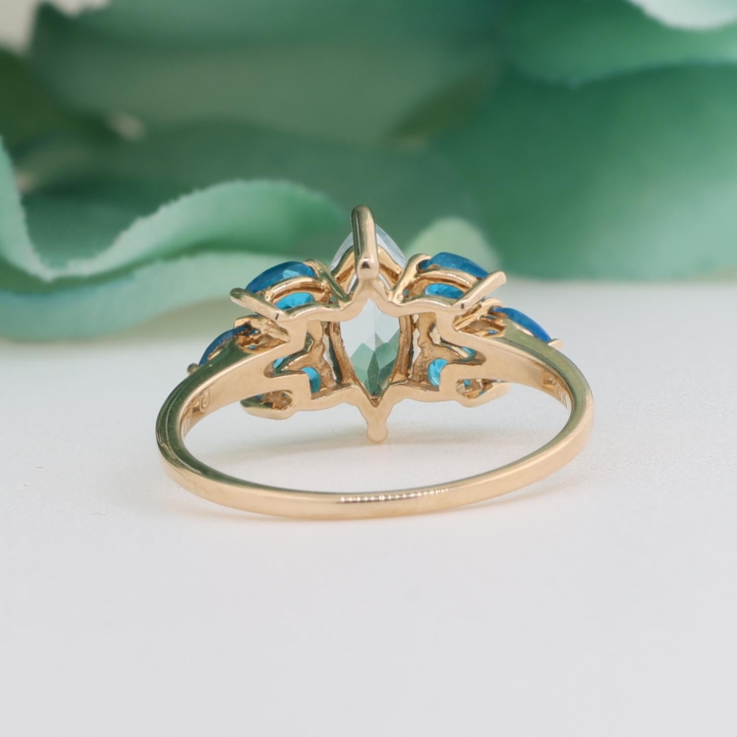 Marquise Aquamarine Cocktail Ring Blue Apatite Accents 10K Yellow Gold Size 8