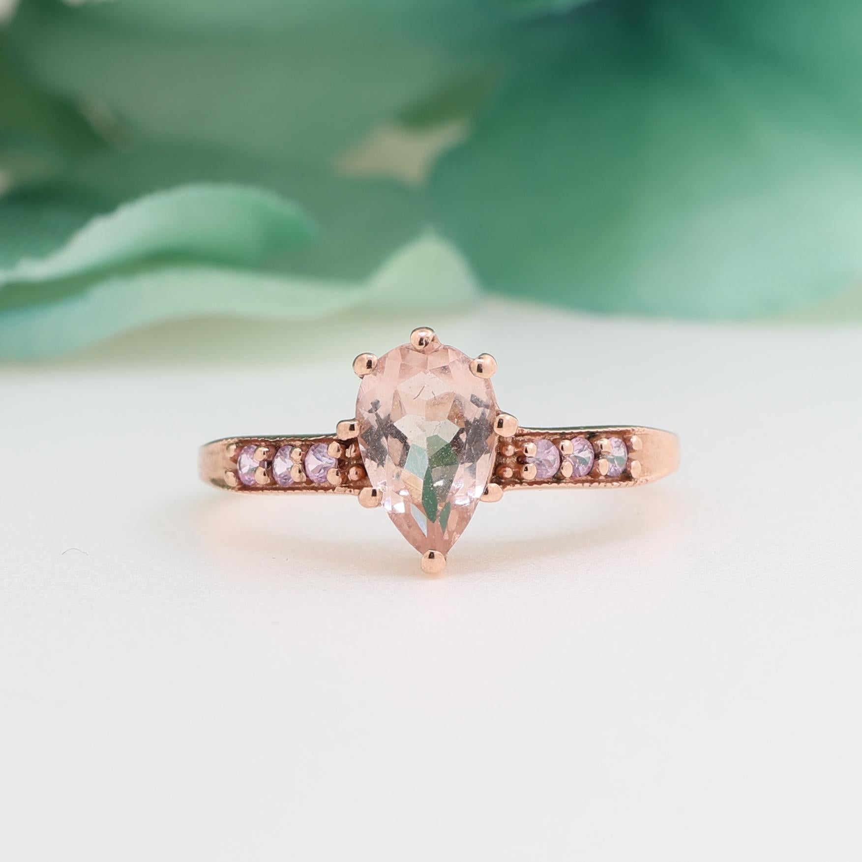 Pear Pink Morganite Solitaire Ring Pink Topaz Accents 10K Rose Gold Size 8.25