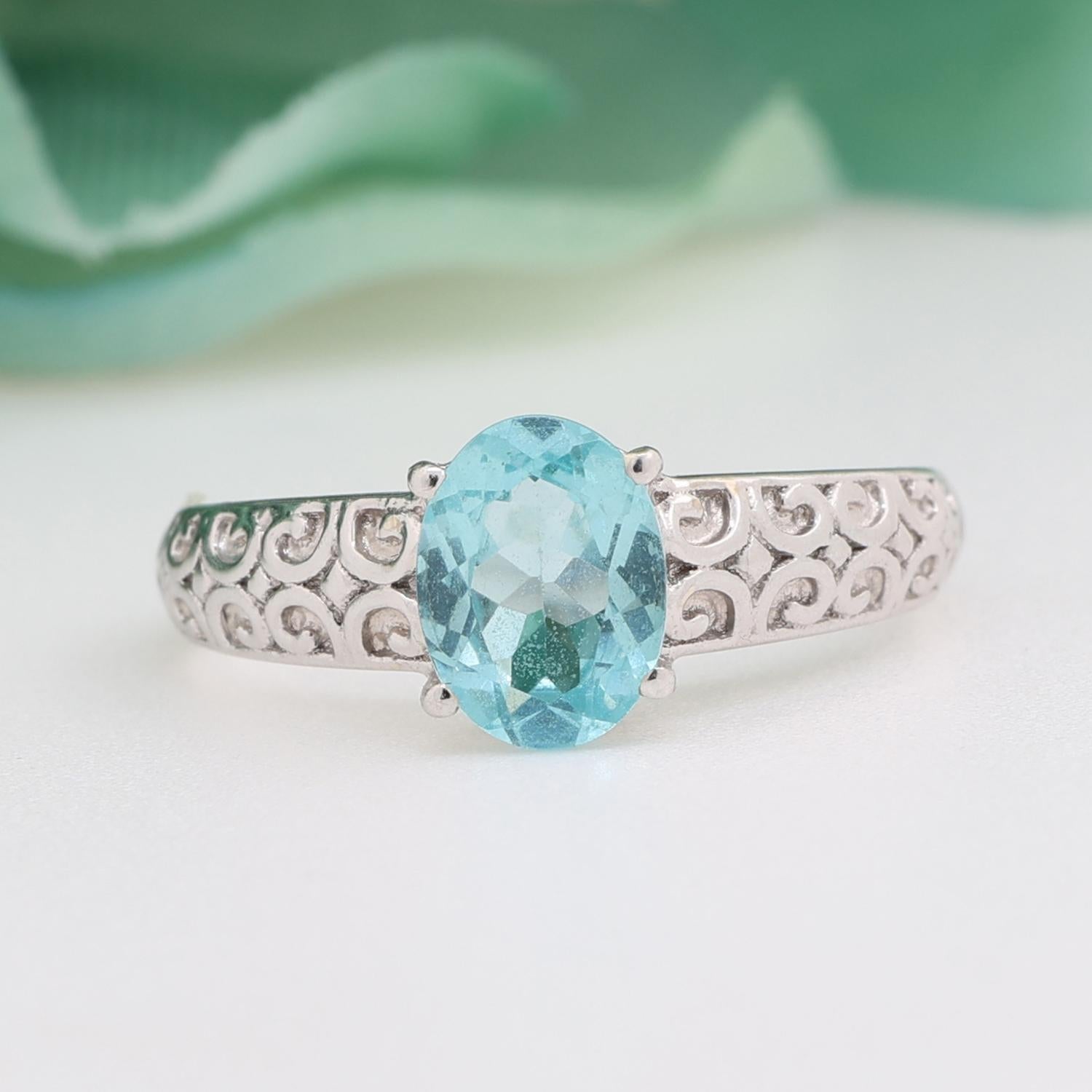 Oval Blue Zircon Filigree Solitaire Ring 10K White Gold 2.15 CT Size 7