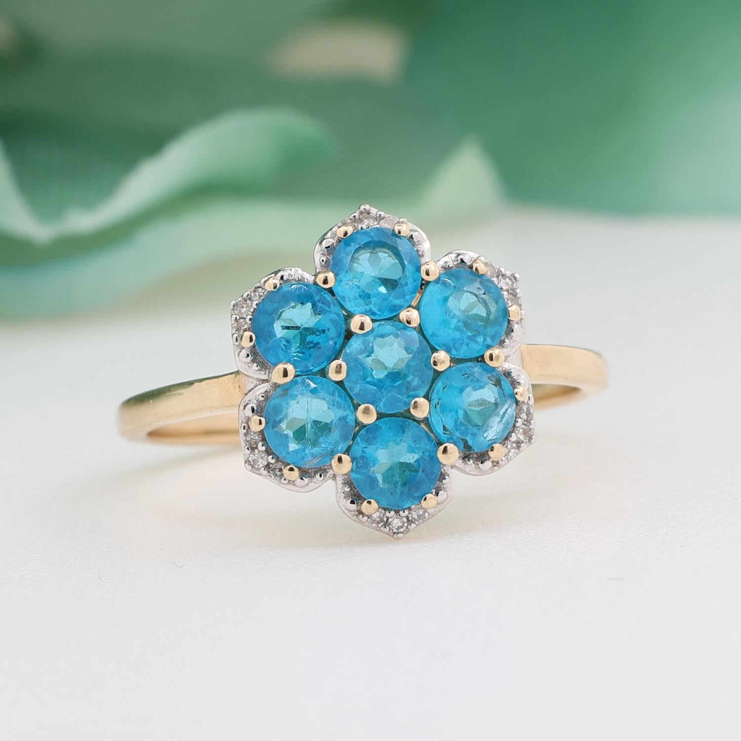 Blue Apatite Diamond Flower Ring 10K Gold 1.27 CTW Ladies Size 7.25