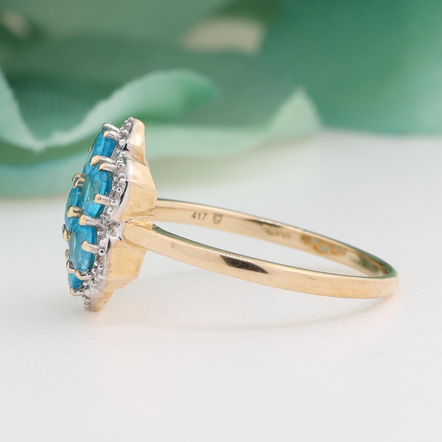 Blue Apatite Diamond Flower Ring 10K Gold 1.27 CTW Ladies Size 7.25