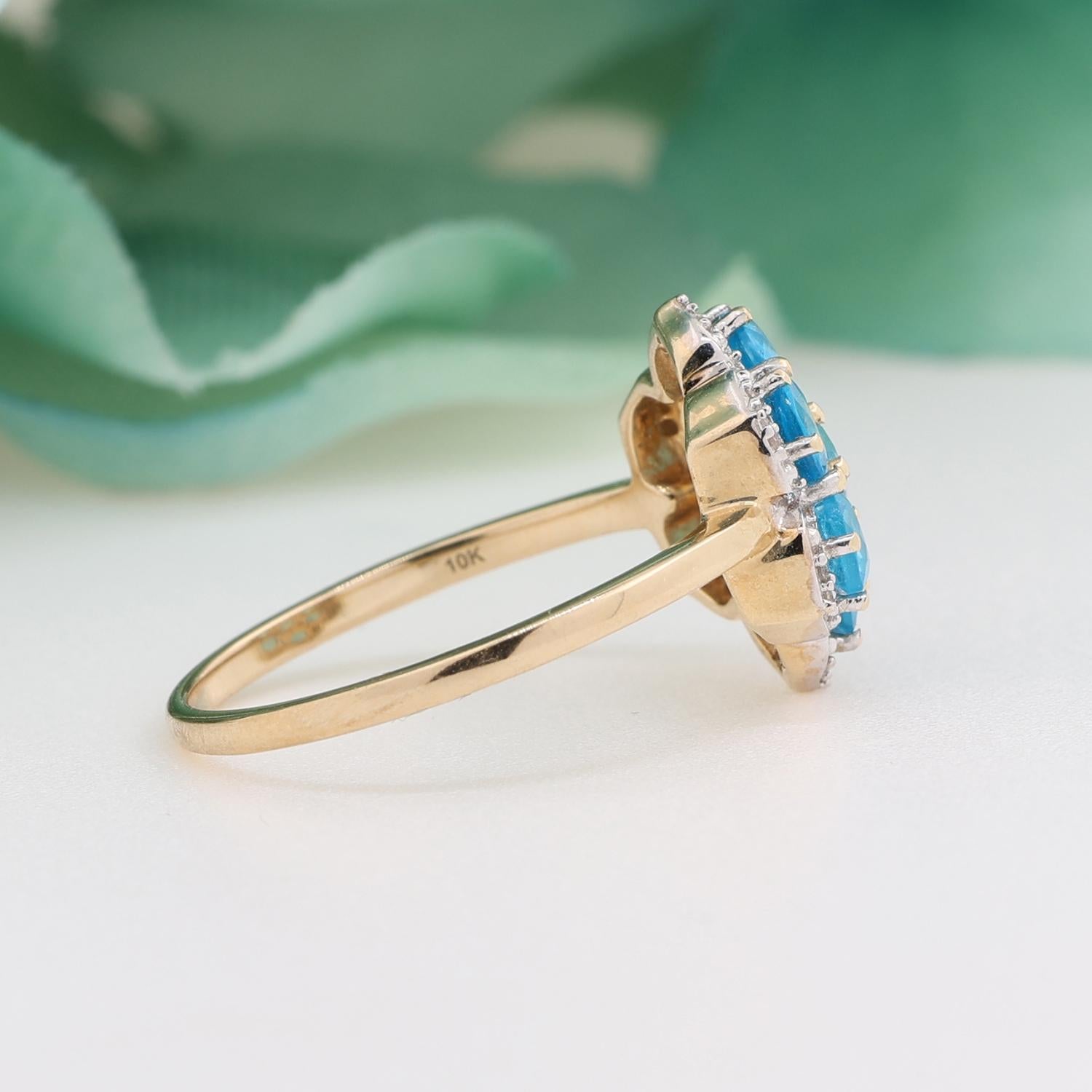 Blue Apatite Diamond Flower Ring 10K Gold 1.27 CTW Ladies Size 7.25