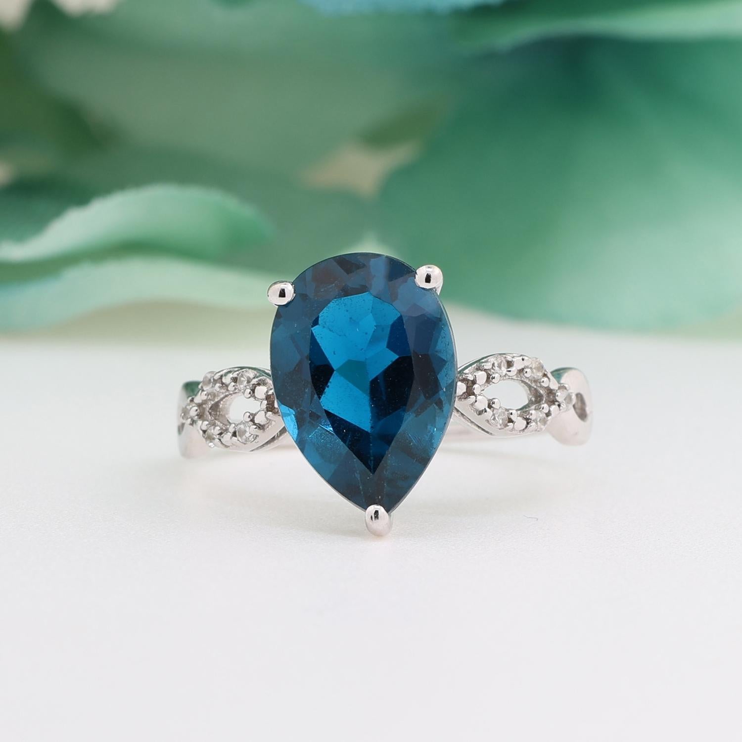 Pear London Blue Topaz White Topaz Accent Ring 10K White Gold 2.90 CTW Size 7