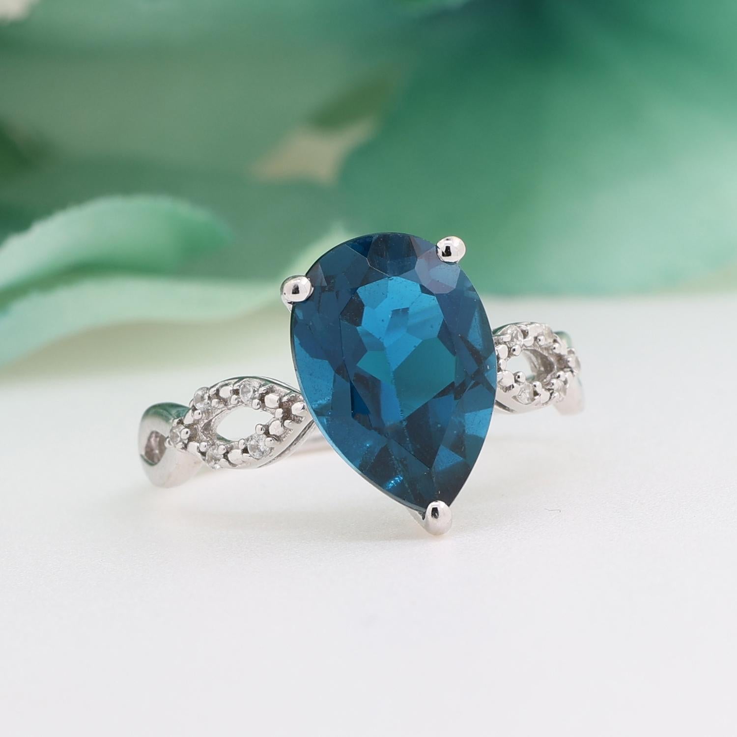 Pear London Blue Topaz White Topaz Accent Ring 10K White Gold 2.90 CTW Size 7