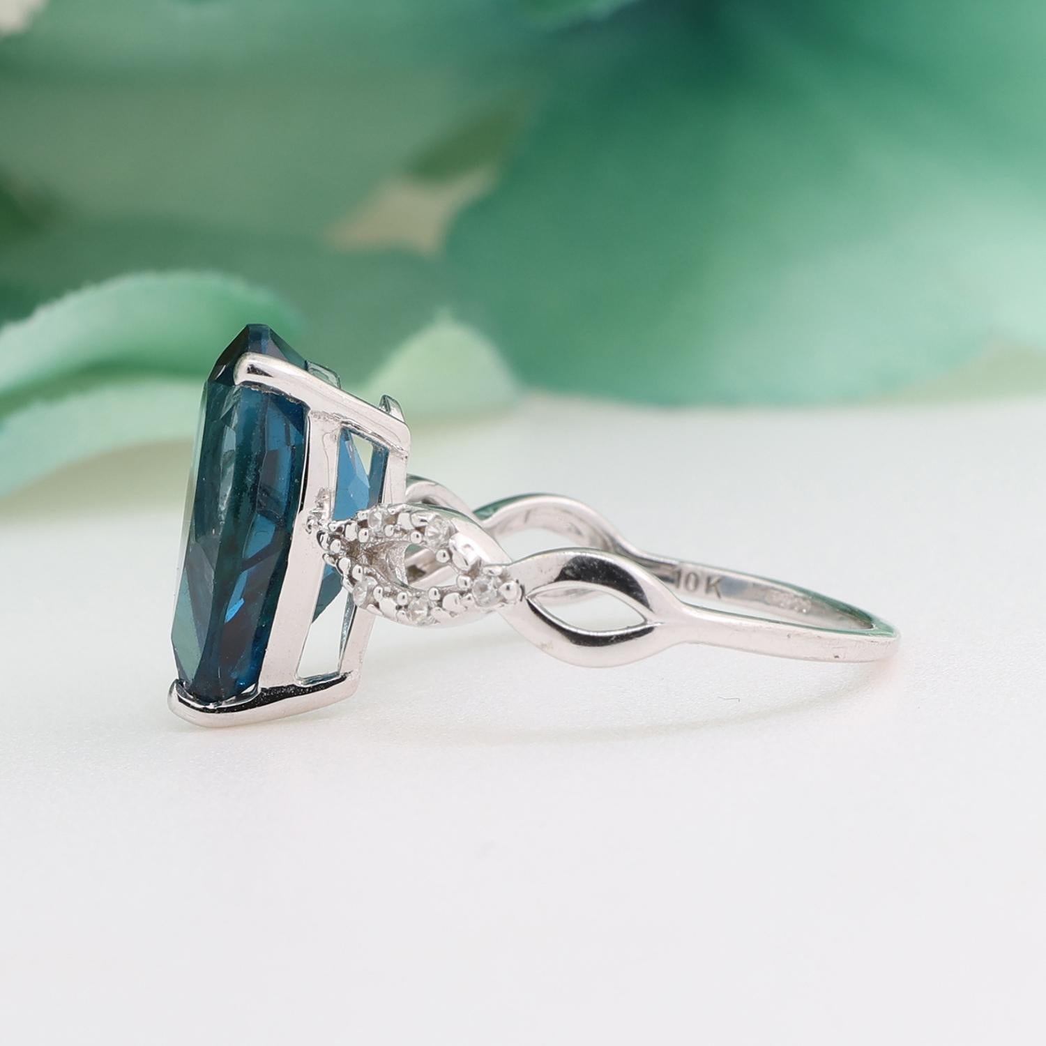 Pear London Blue Topaz White Topaz Accent Ring 10K White Gold 2.90 CTW Size 7